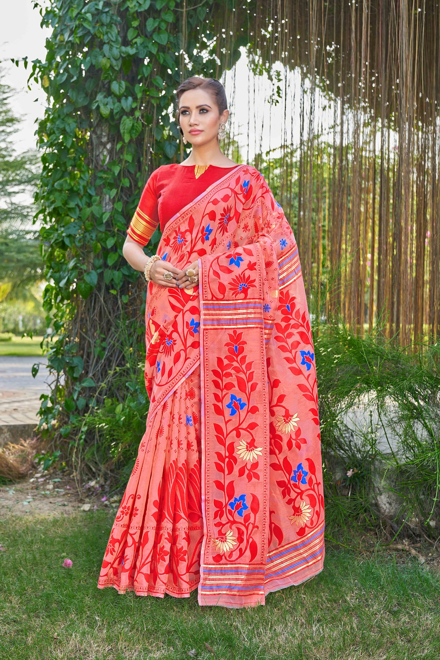 Floral Woven Design Silk Cotton Jamdani Saree