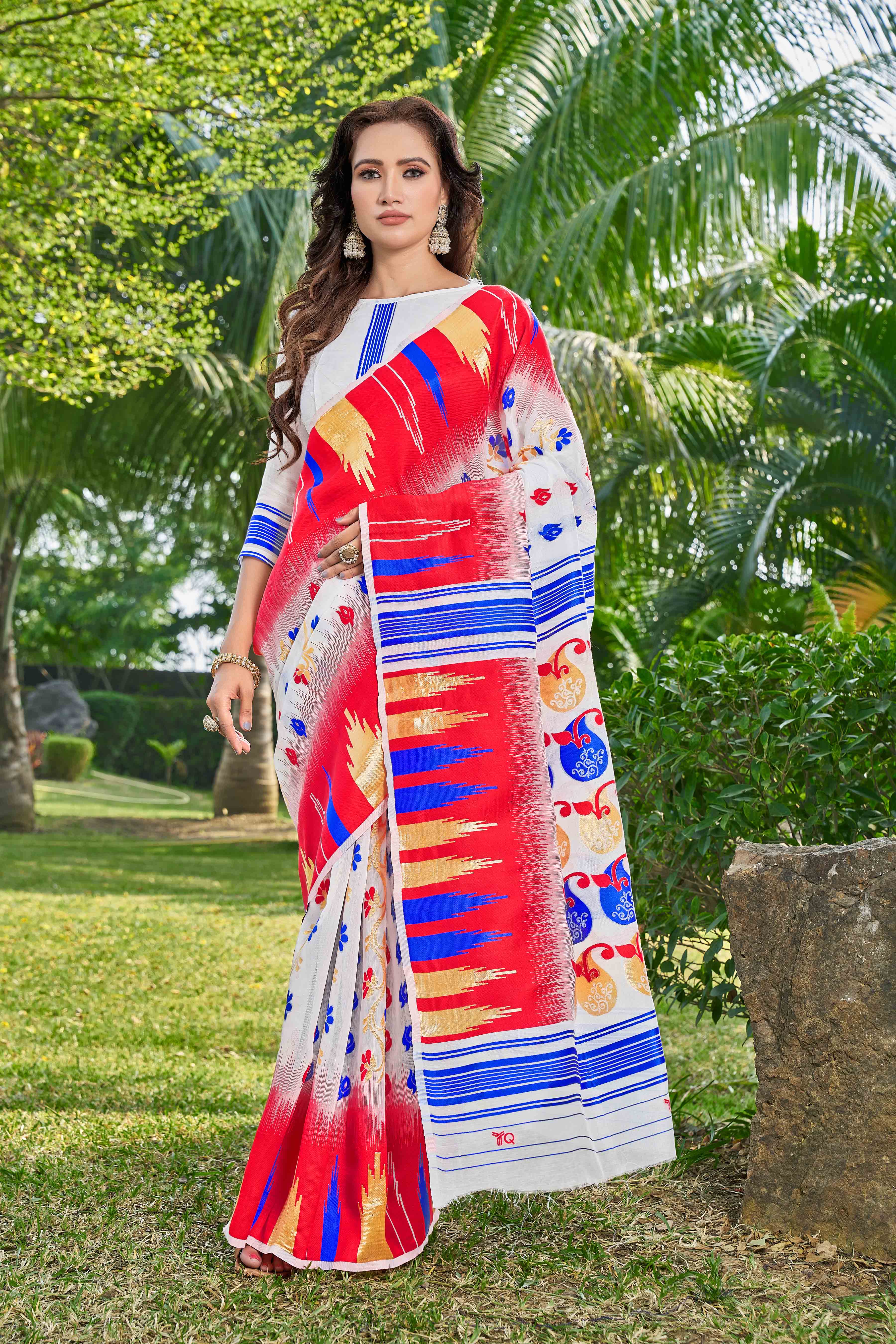 Geometric Printed Zari Silk Cotton Saree