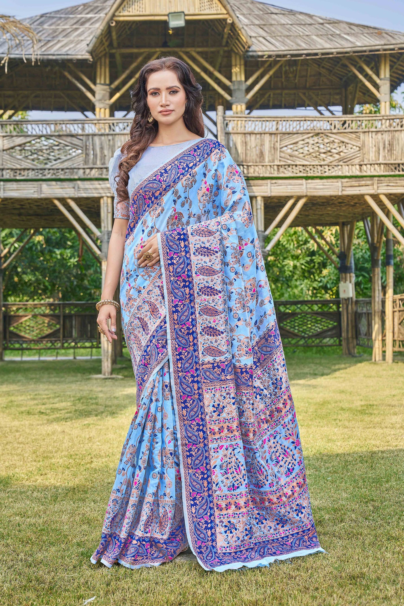 Floral Woven Design Zari Pashmina Saree