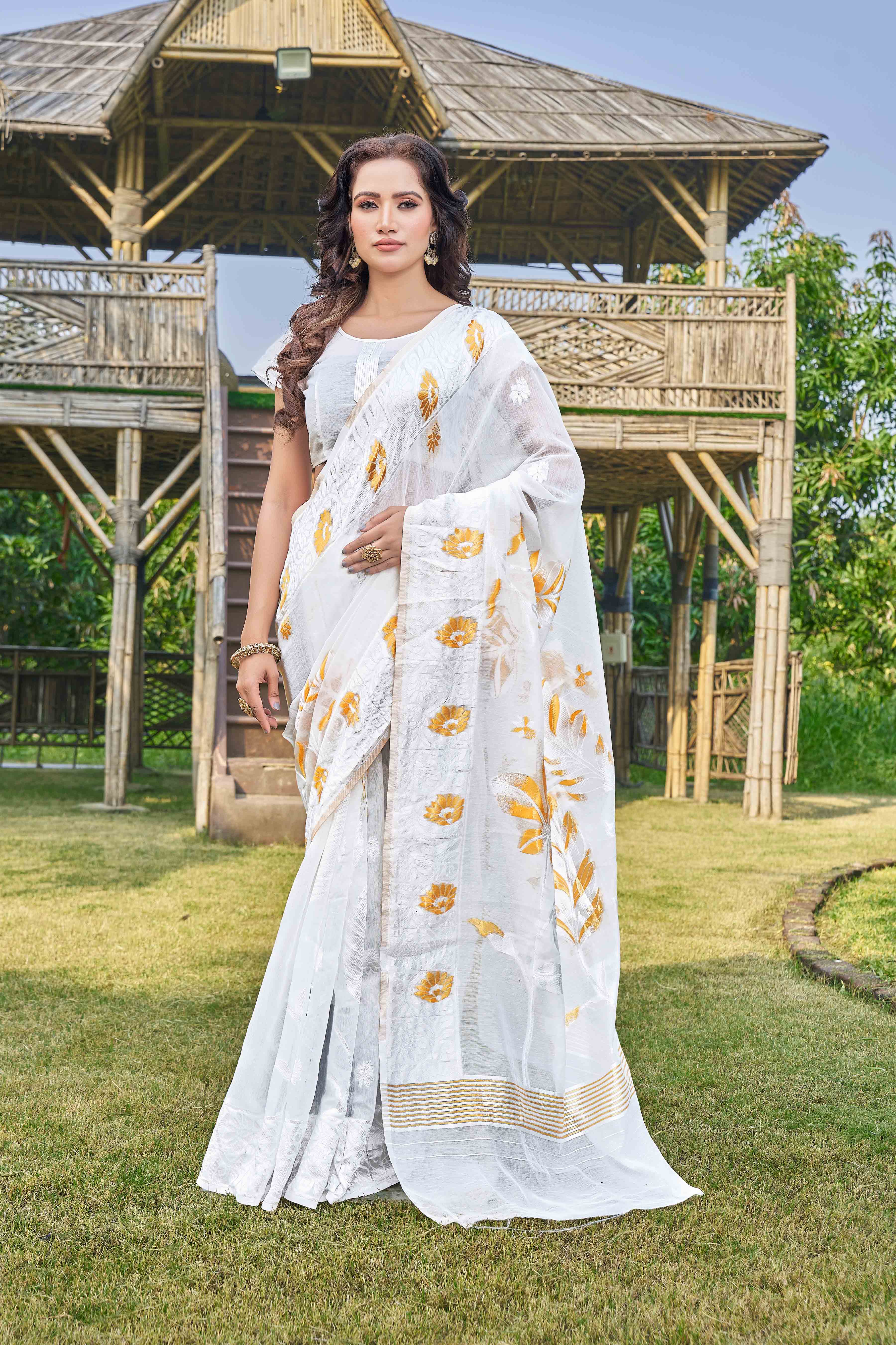 Floral Woven Design Zari Silk Cotton Jamdani Saree