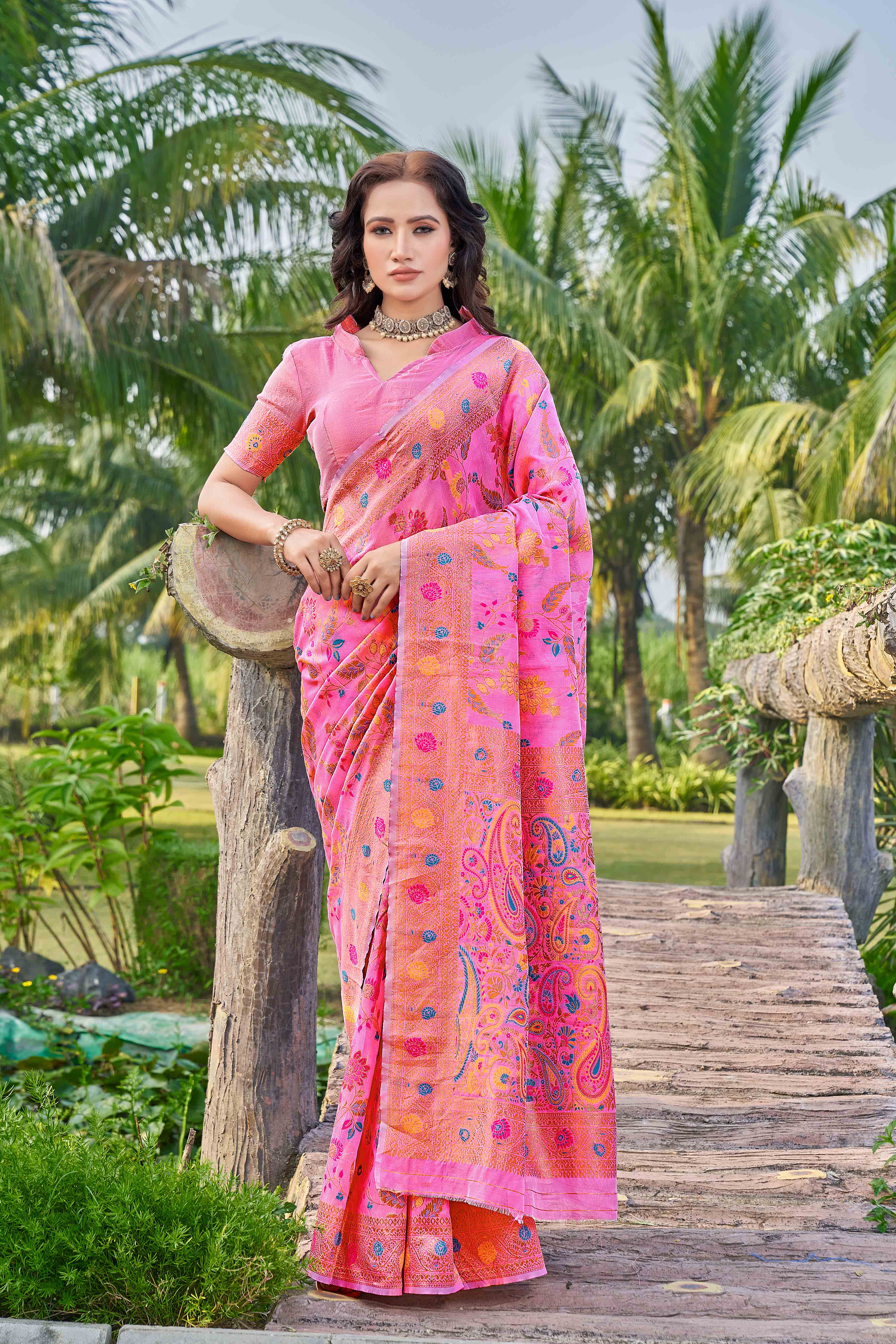 Floral Woven Design Zari Pashmina Saree