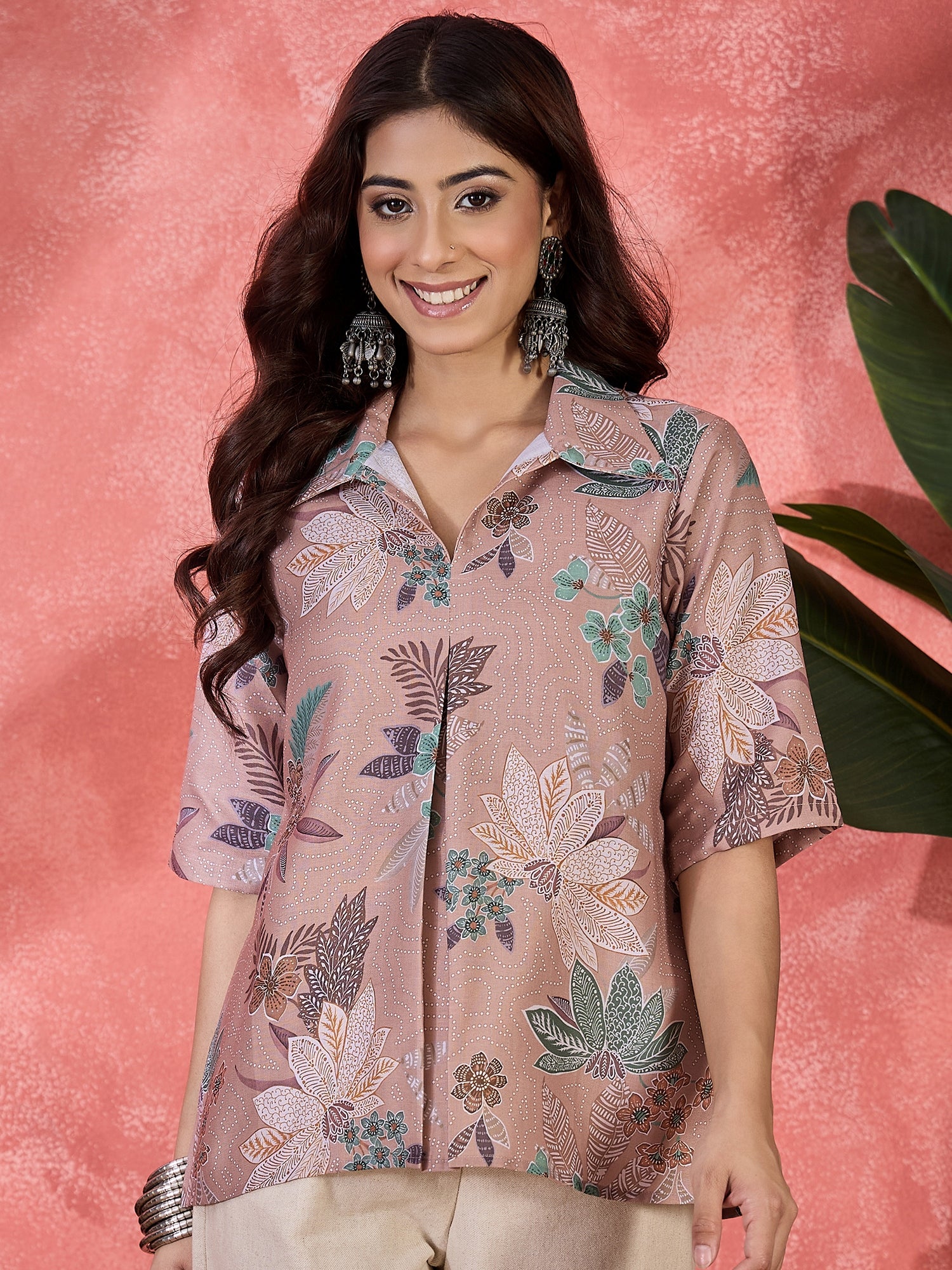 Women Floral Printed Shirt Collar Shirt Style Top