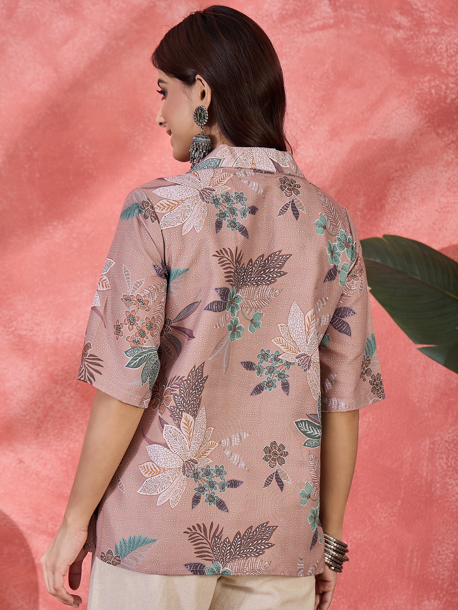 Women Floral Printed Shirt Collar Shirt Style Top