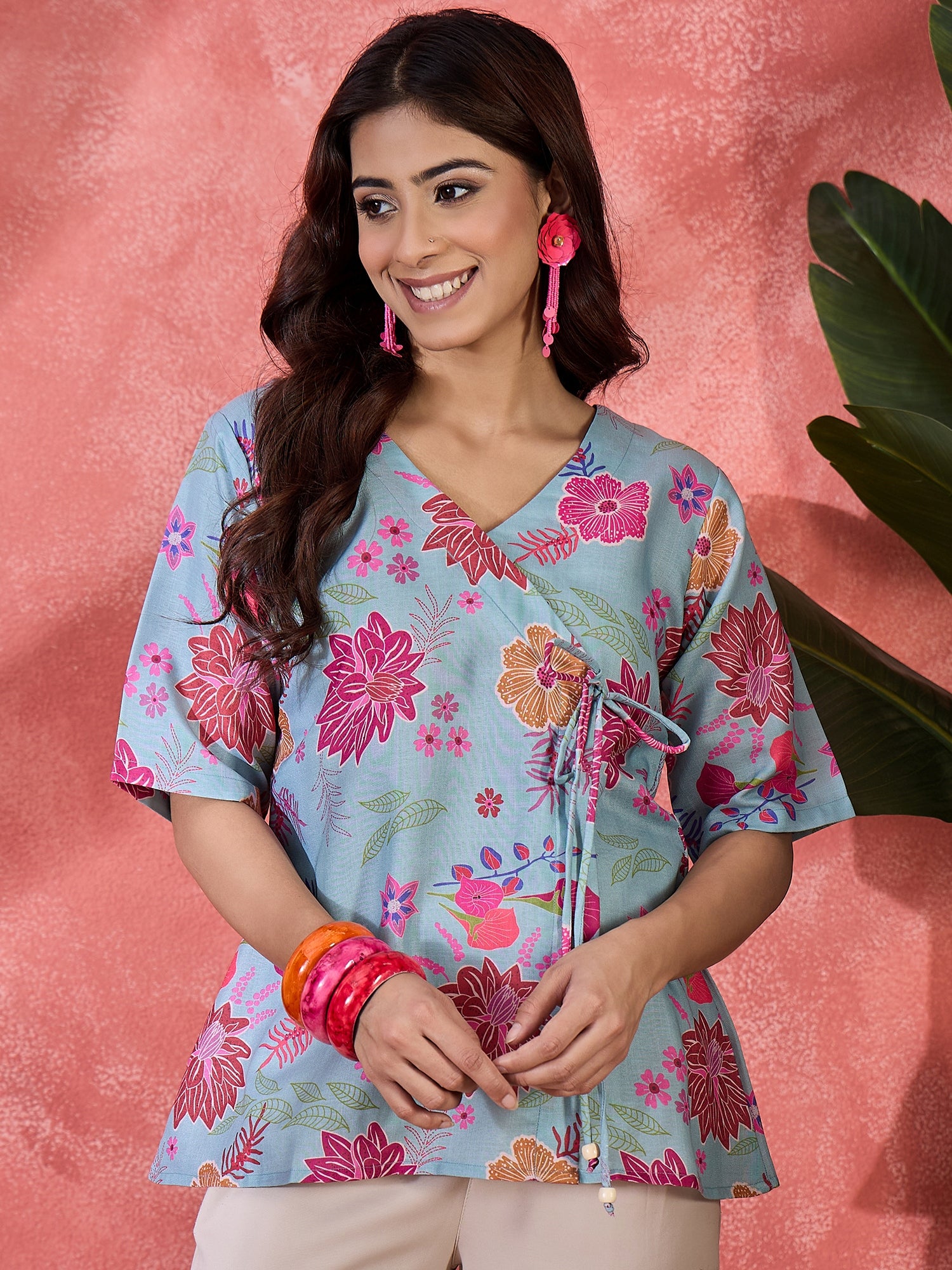 Women Floral Printed V-Neck Tie-Ups Top