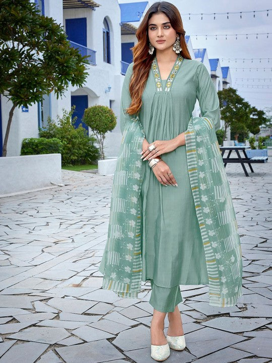 Women Yoke Design Pleated Mirror Work Kurta with Trousers & With Dupatta