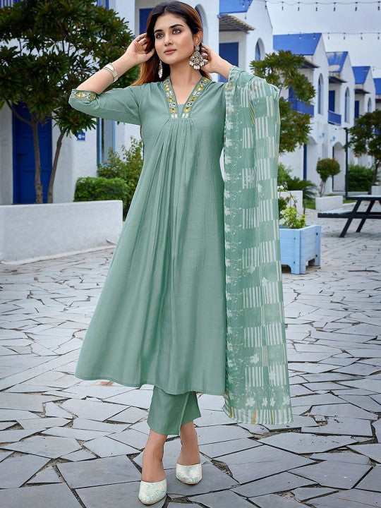 Women Yoke Design Pleated Mirror Work Kurta with Trousers & With Dupatta