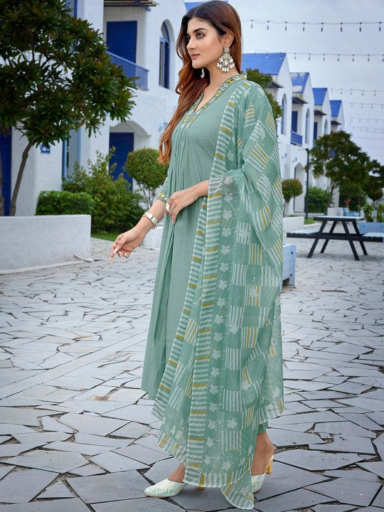 Women Yoke Design Pleated Mirror Work Kurta with Trousers & With Dupatta