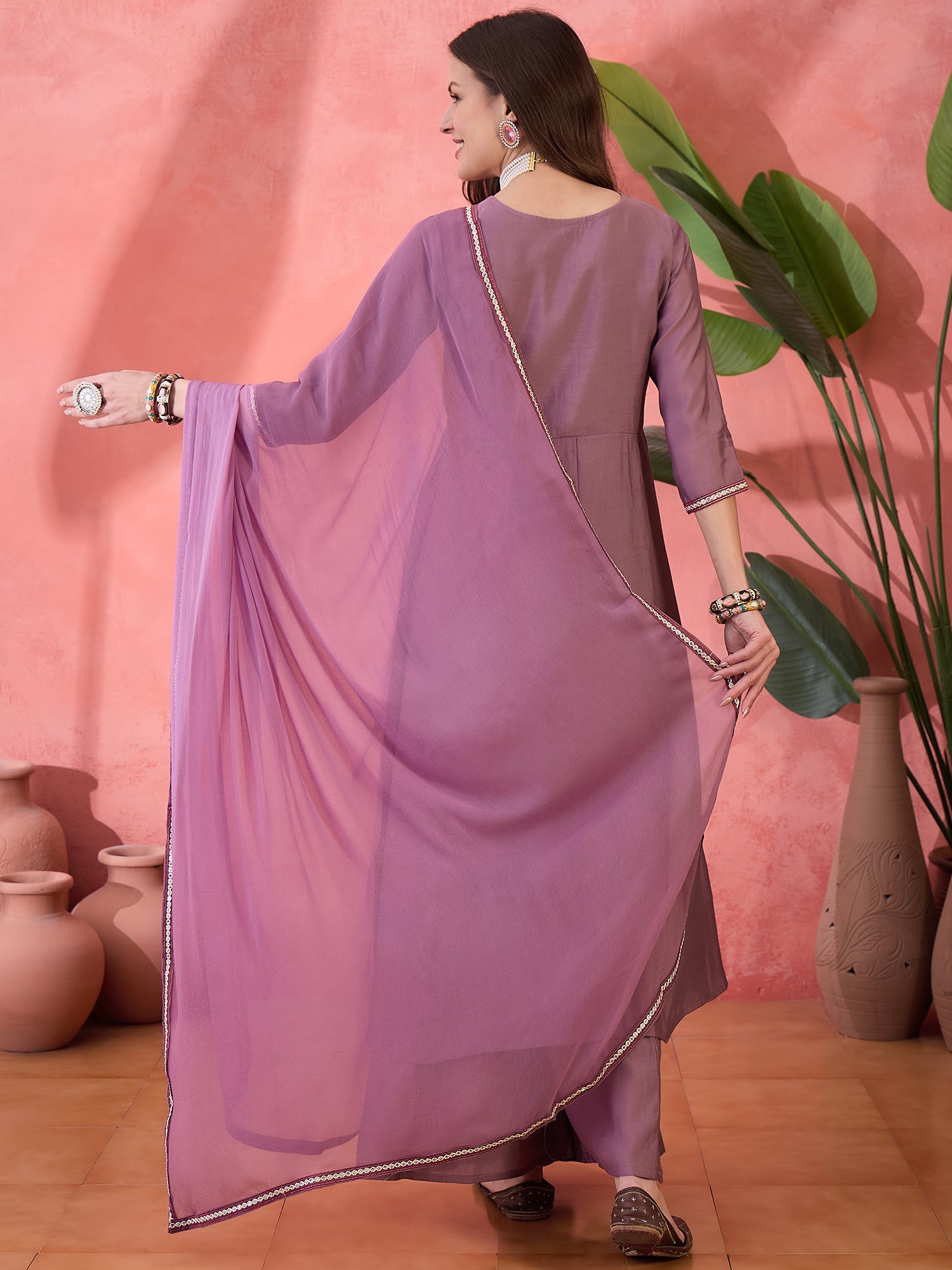 Embroidered Detailed V- Neck Kurta, Palazzo & Dupatta Set