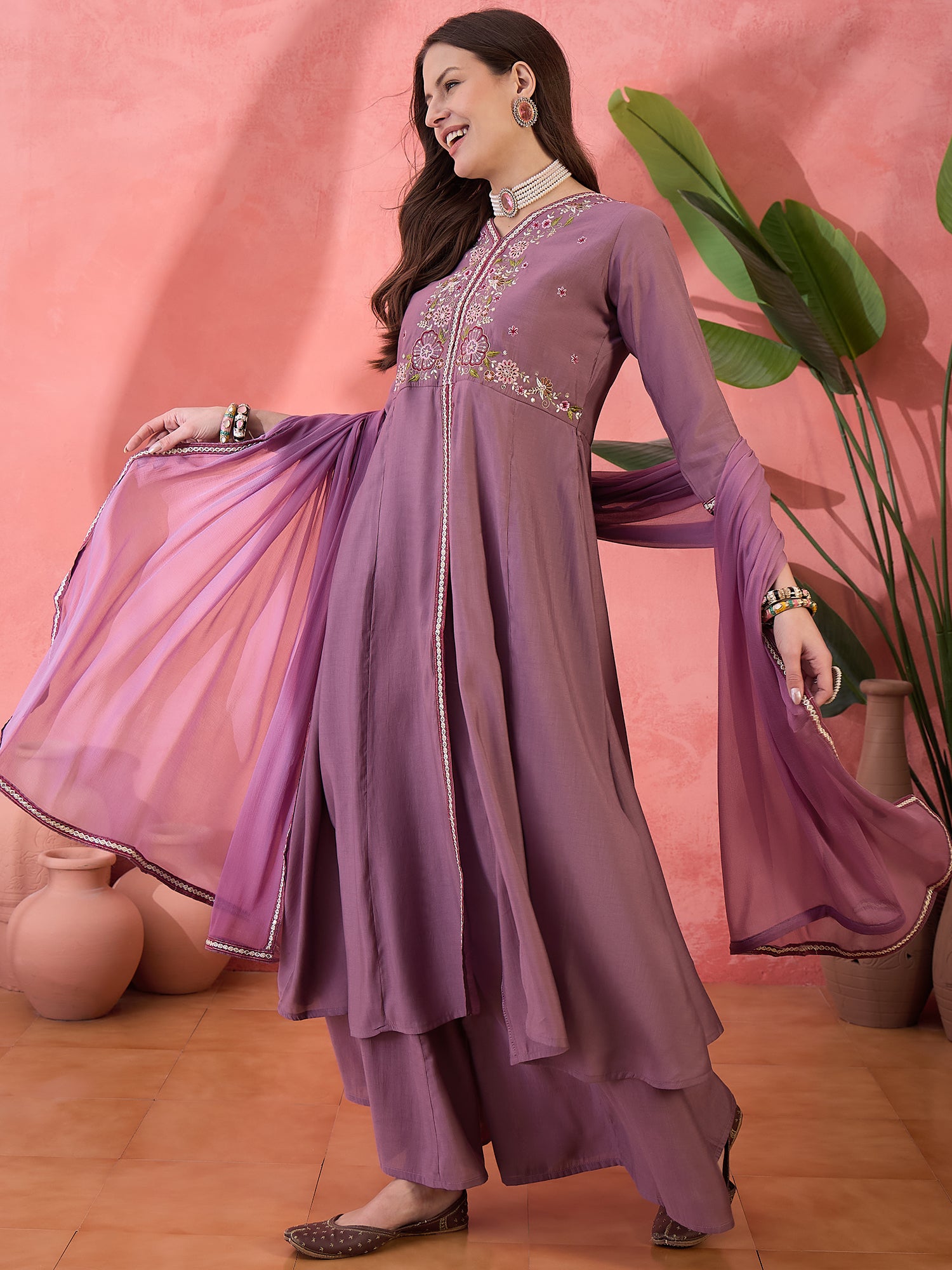 Embroidered Detailed V- Neck Kurta, Palazzo & Dupatta Set