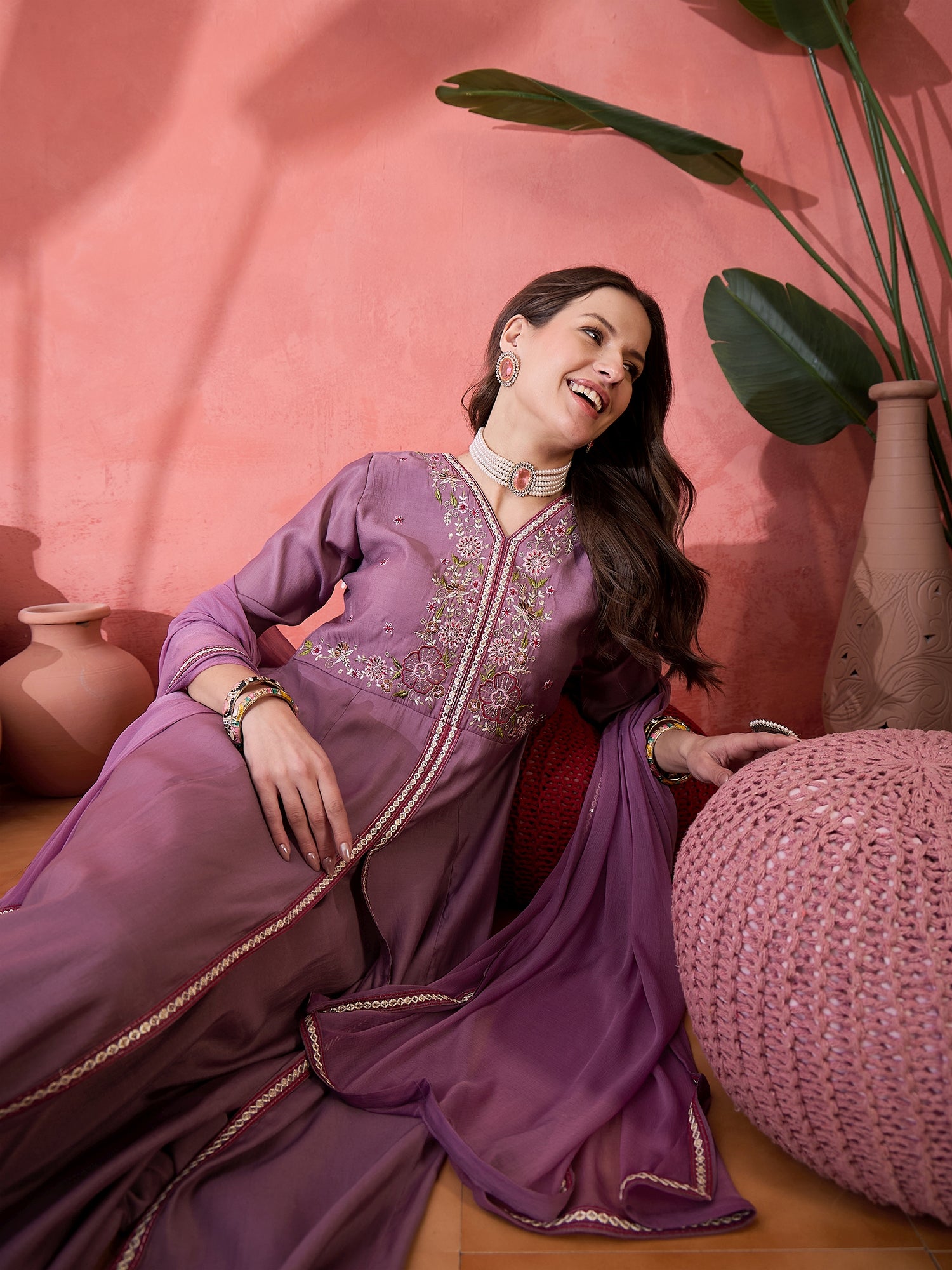Embroidered Detailed V- Neck Kurta, Palazzo & Dupatta Set