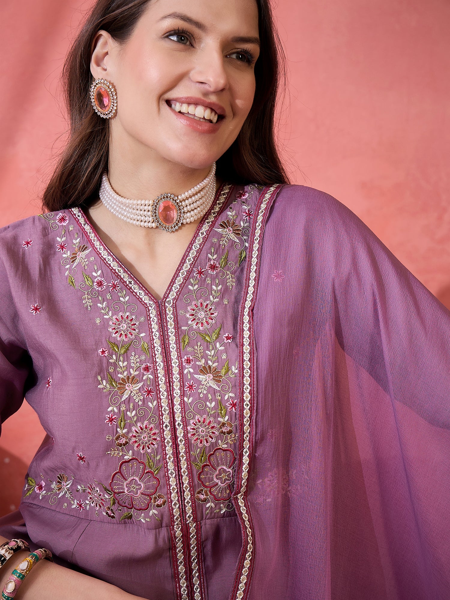 Embroidered Detailed V- Neck Kurta, Palazzo & Dupatta Set