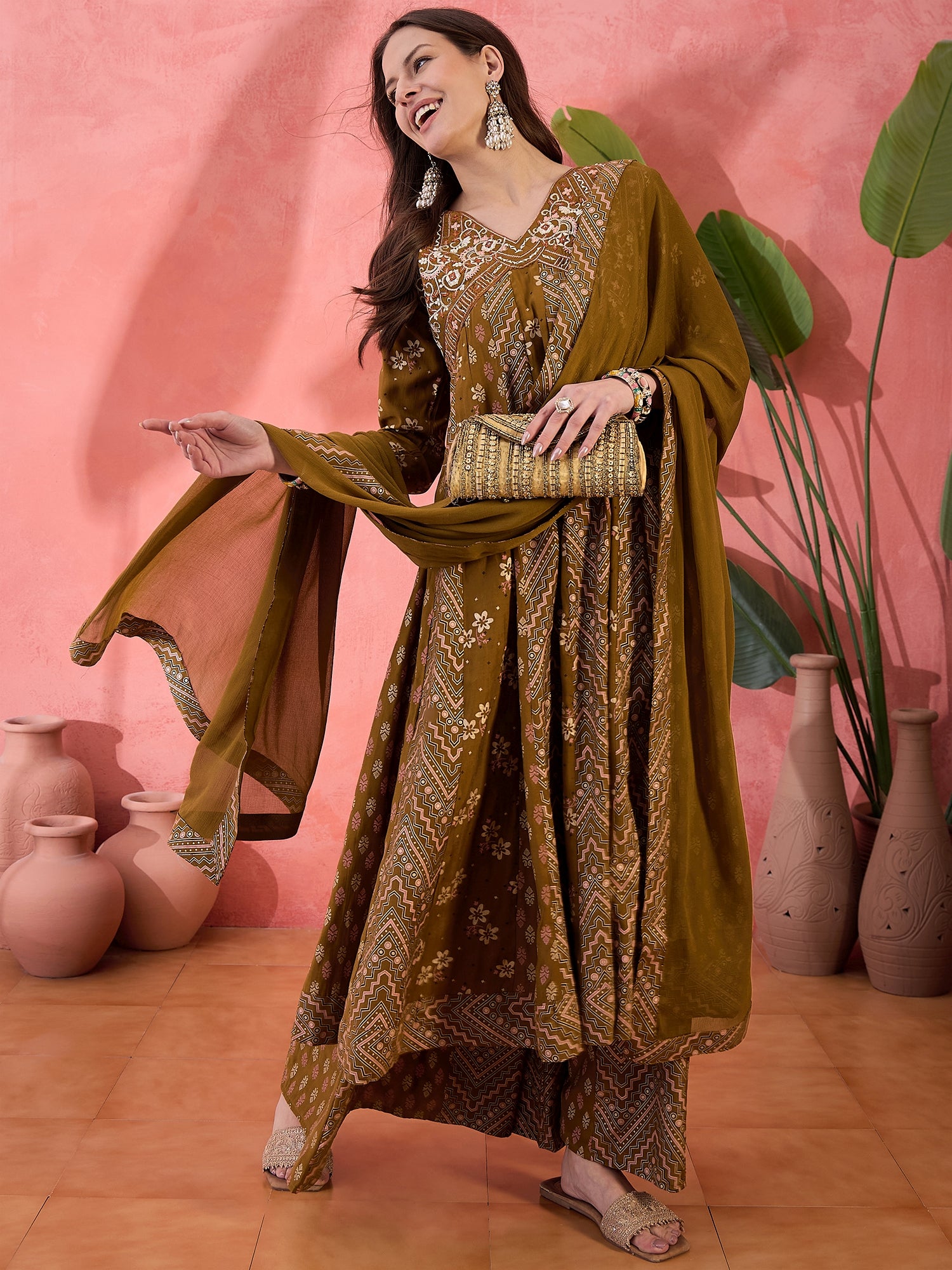 Self Design Anarkali Kurta Set With Dupatta