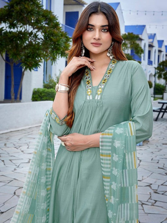 Women Yoke Design Pleated Mirror Work Kurta with Trousers & With Dupatta