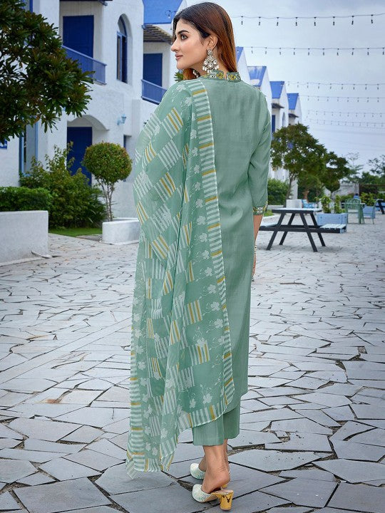 Women Yoke Design Pleated Mirror Work Kurta with Trousers & With Dupatta
