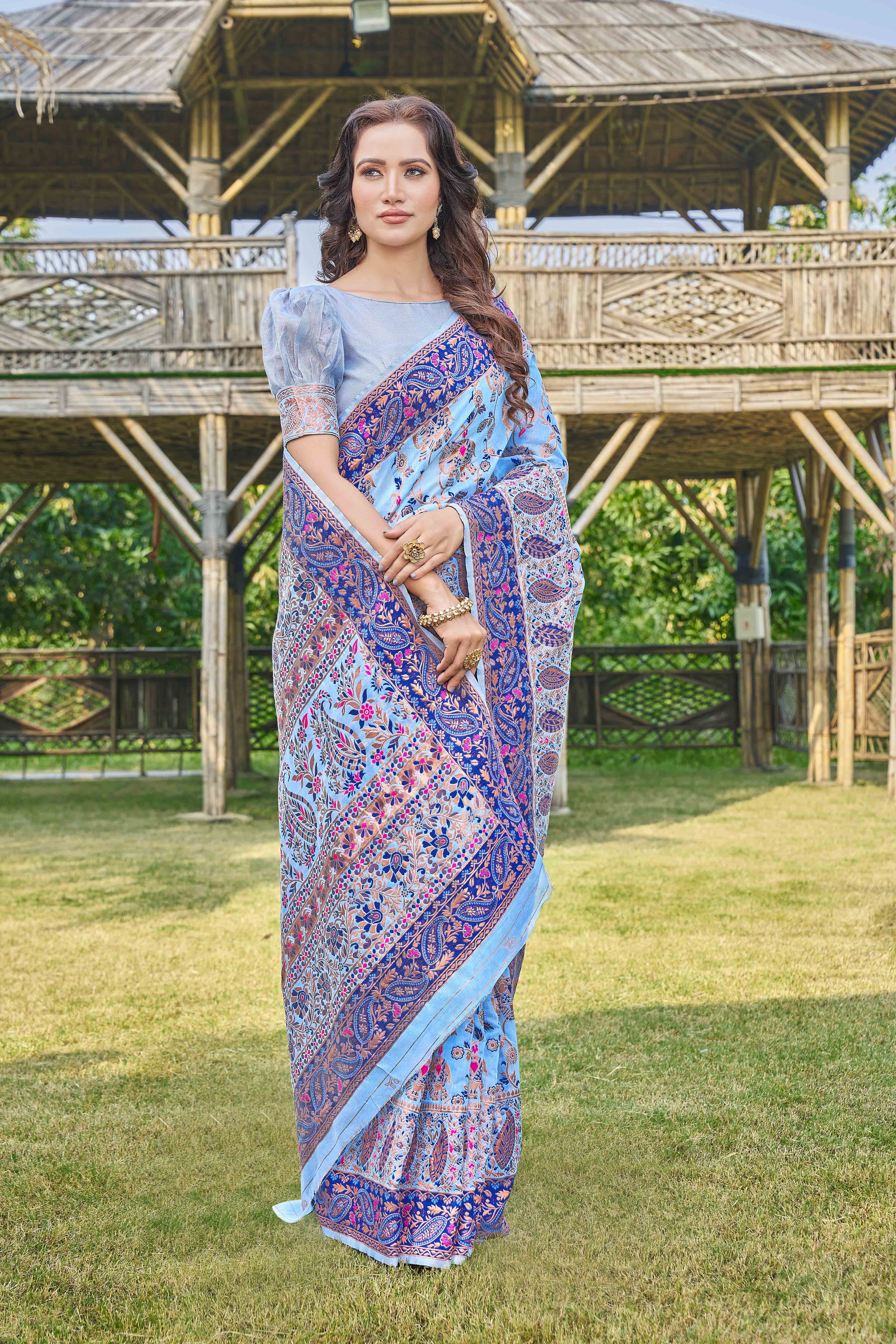 Floral Woven Design Zari Pashmina Saree