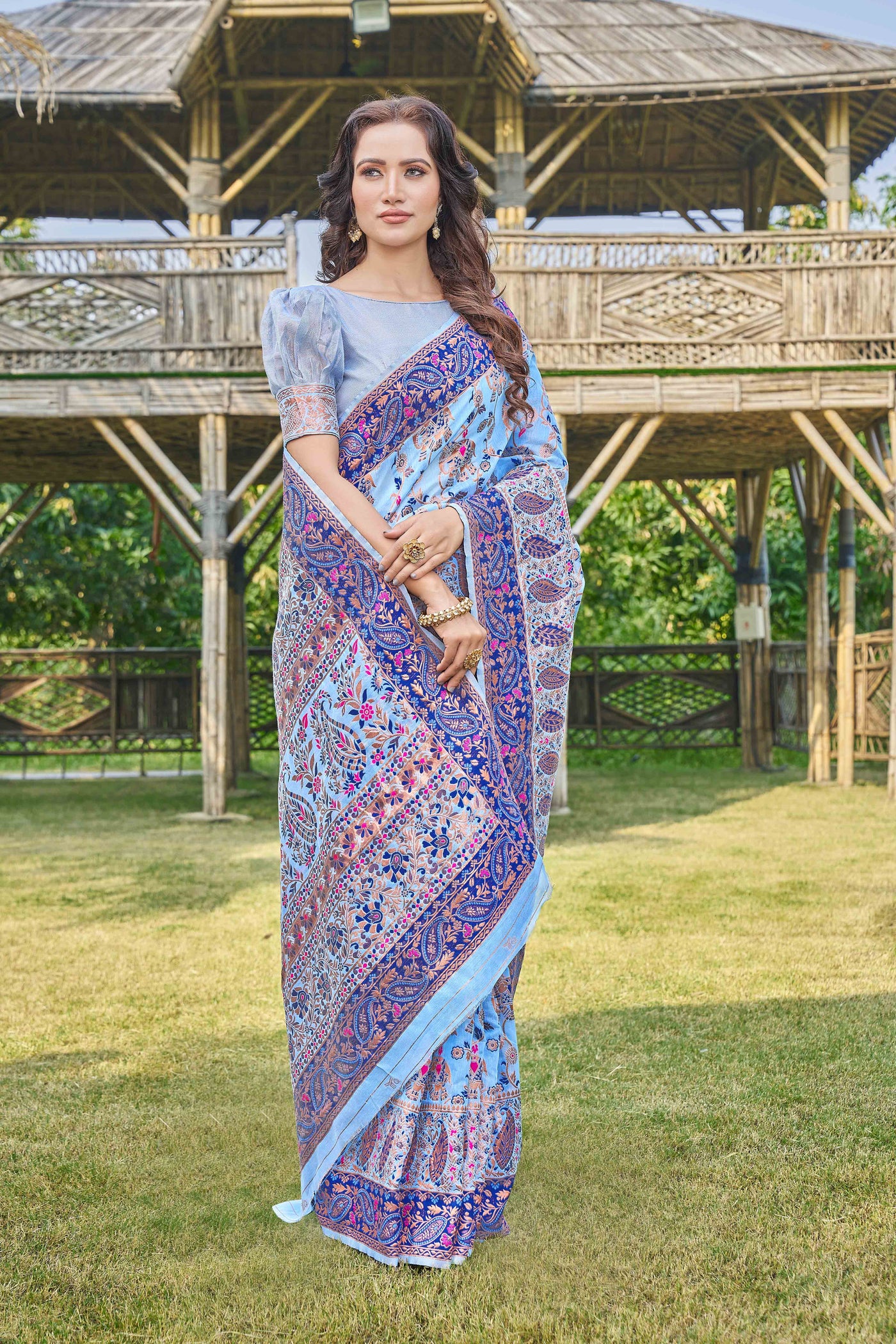 Floral Woven Design Zari Pashmina Saree