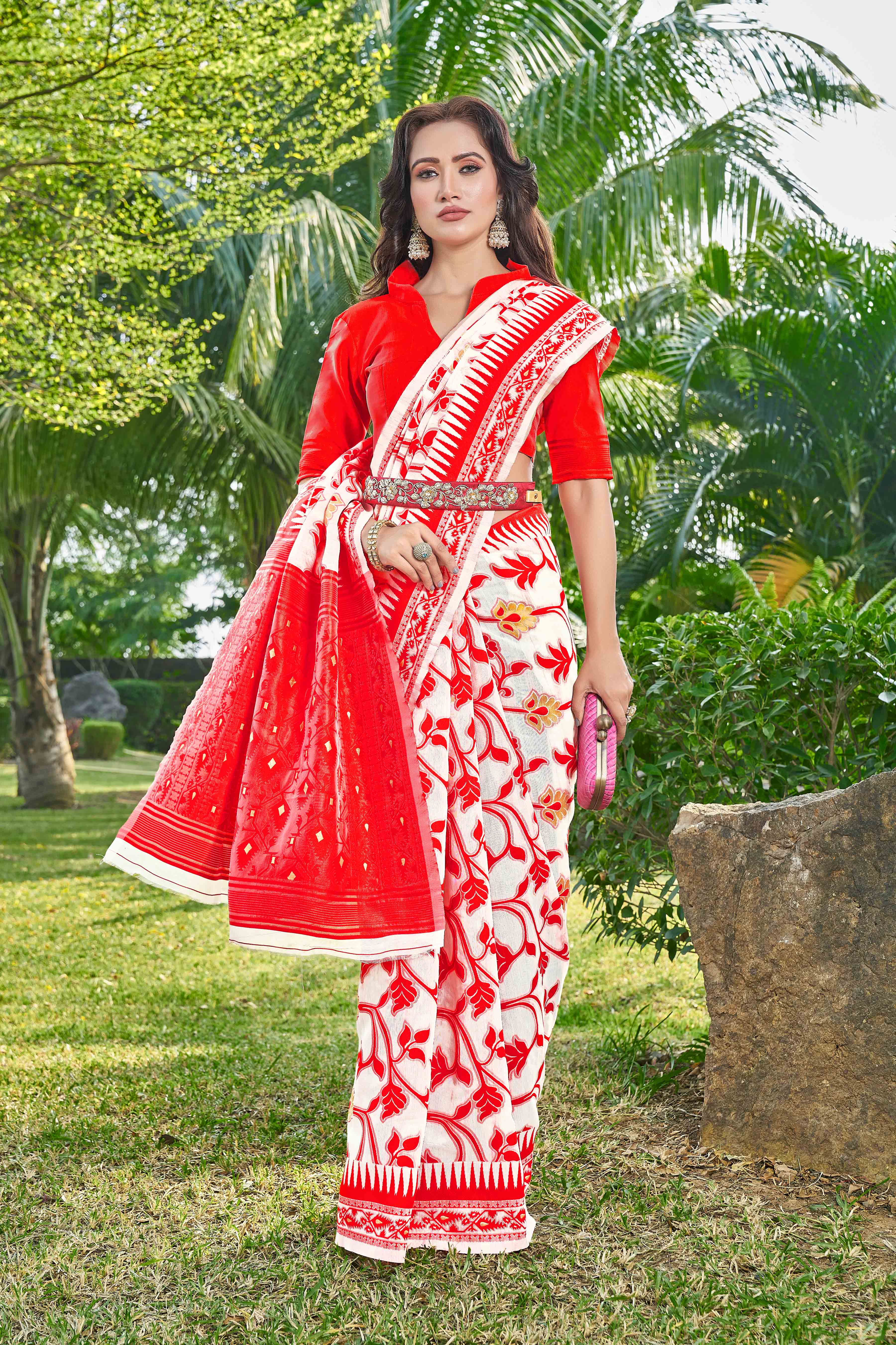 Floral Printed Zari Silk Cotton Jamdani Saree