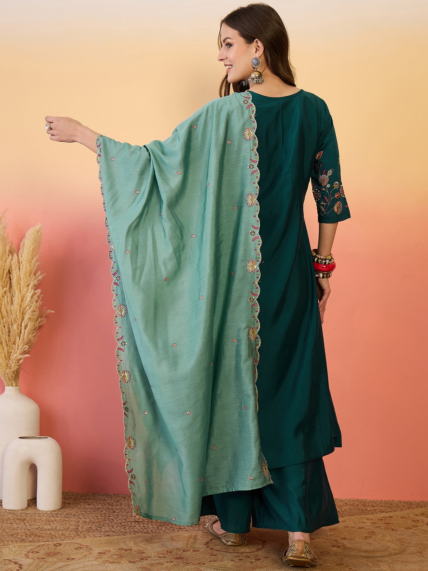 Women Embroidered Anarkali Kurta With Palazzo & Dupatta