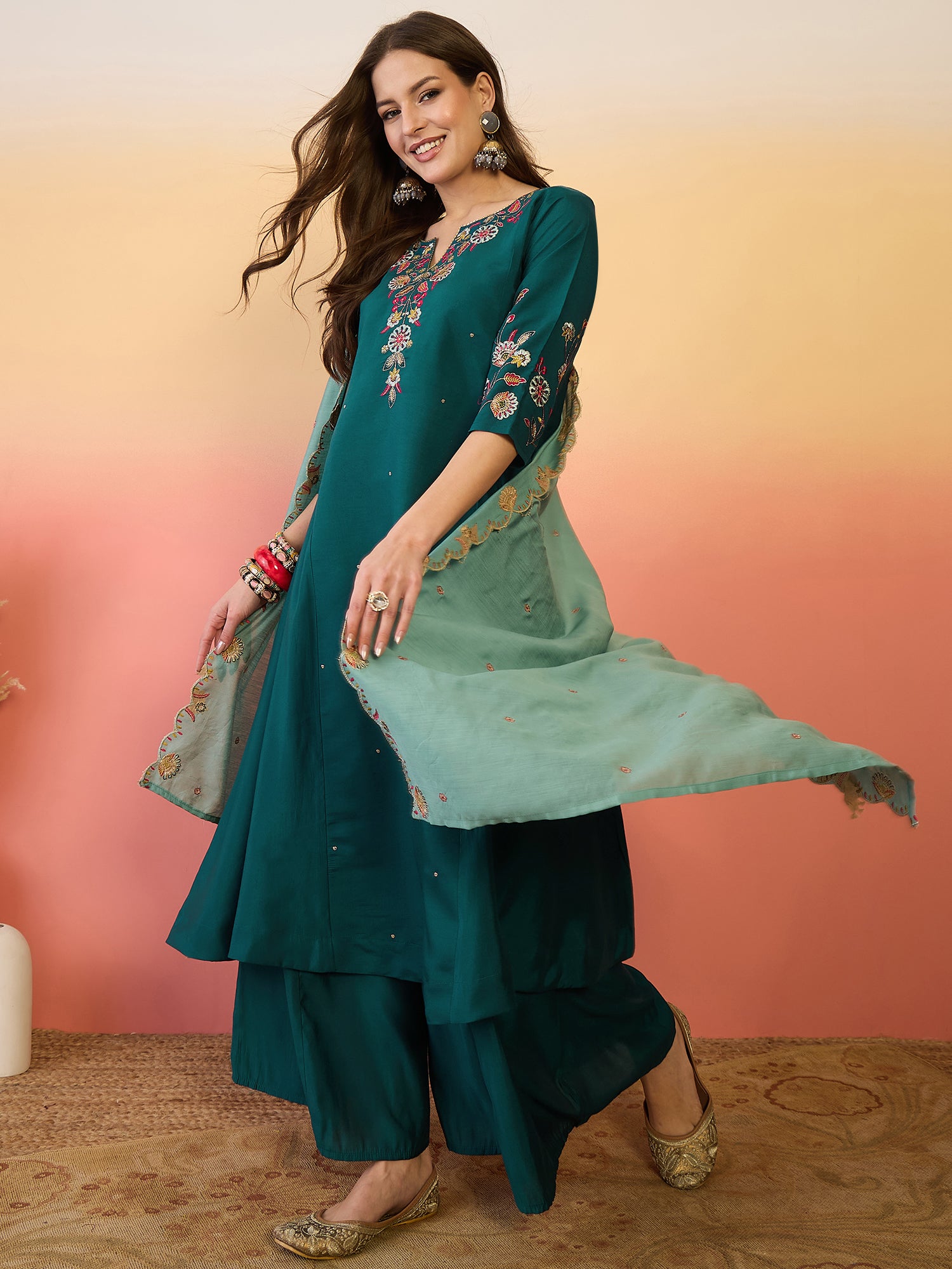 Women Embroidered Anarkali Kurta With Palazzo & Dupatta