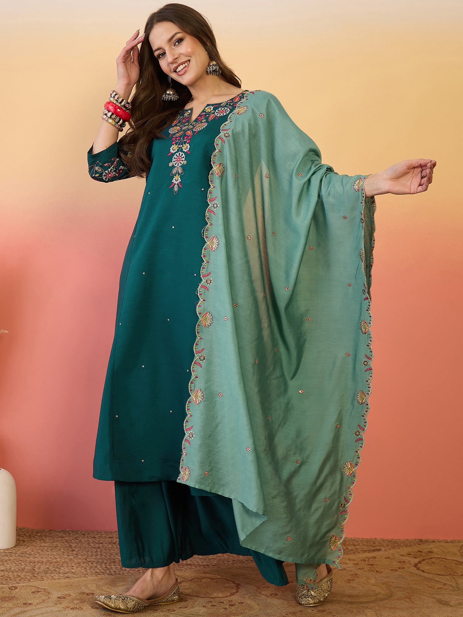 Women Embroidered Anarkali Kurta With Palazzo & Dupatta