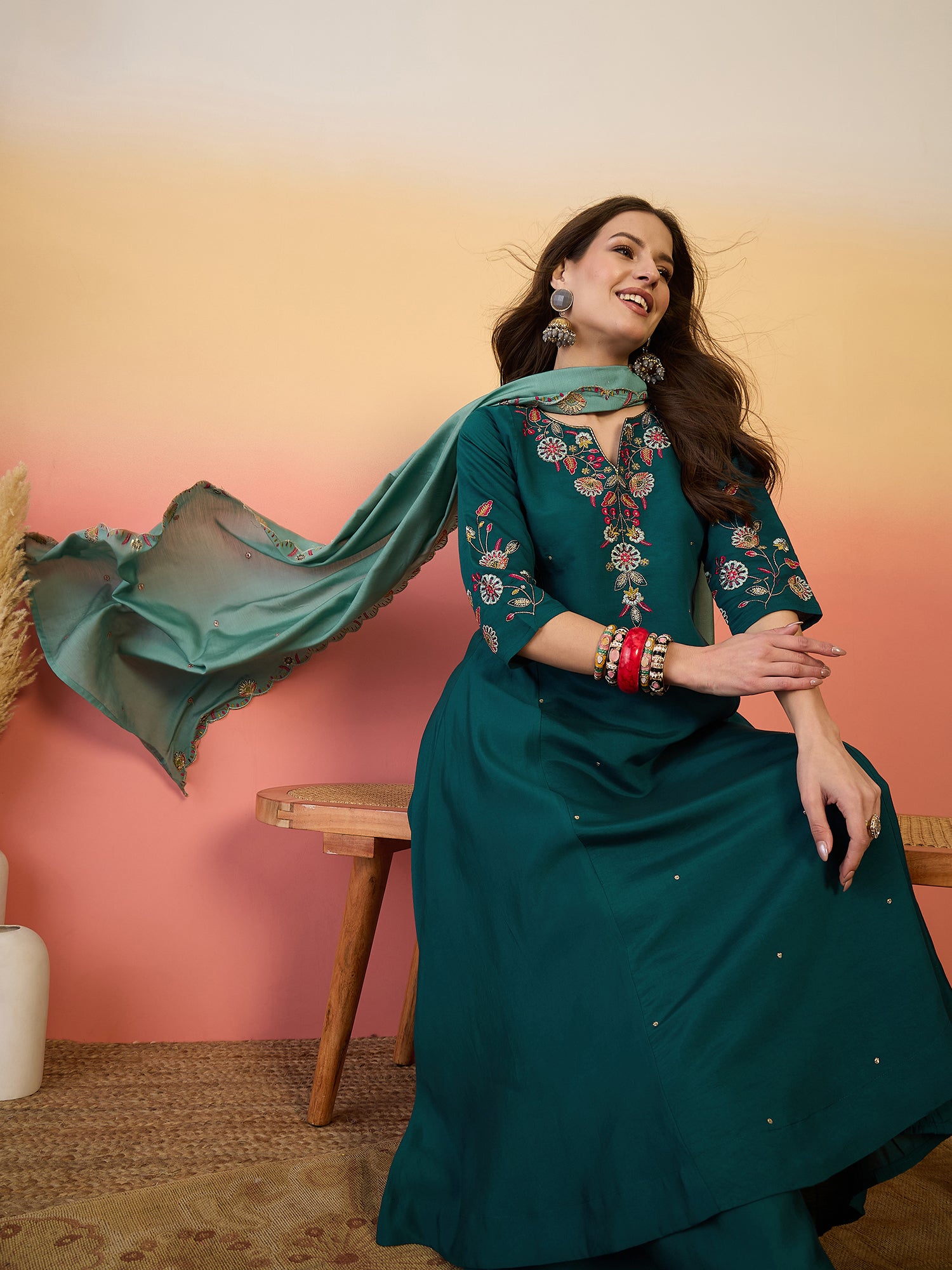 Women Embroidered Anarkali Kurta With Palazzo & Dupatta