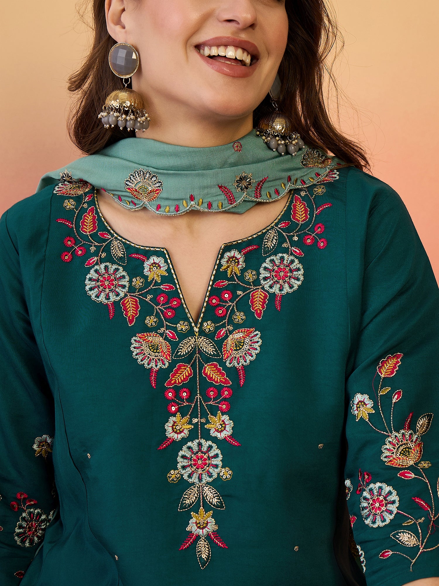 Women Embroidered Anarkali Kurta With Palazzo & Dupatta