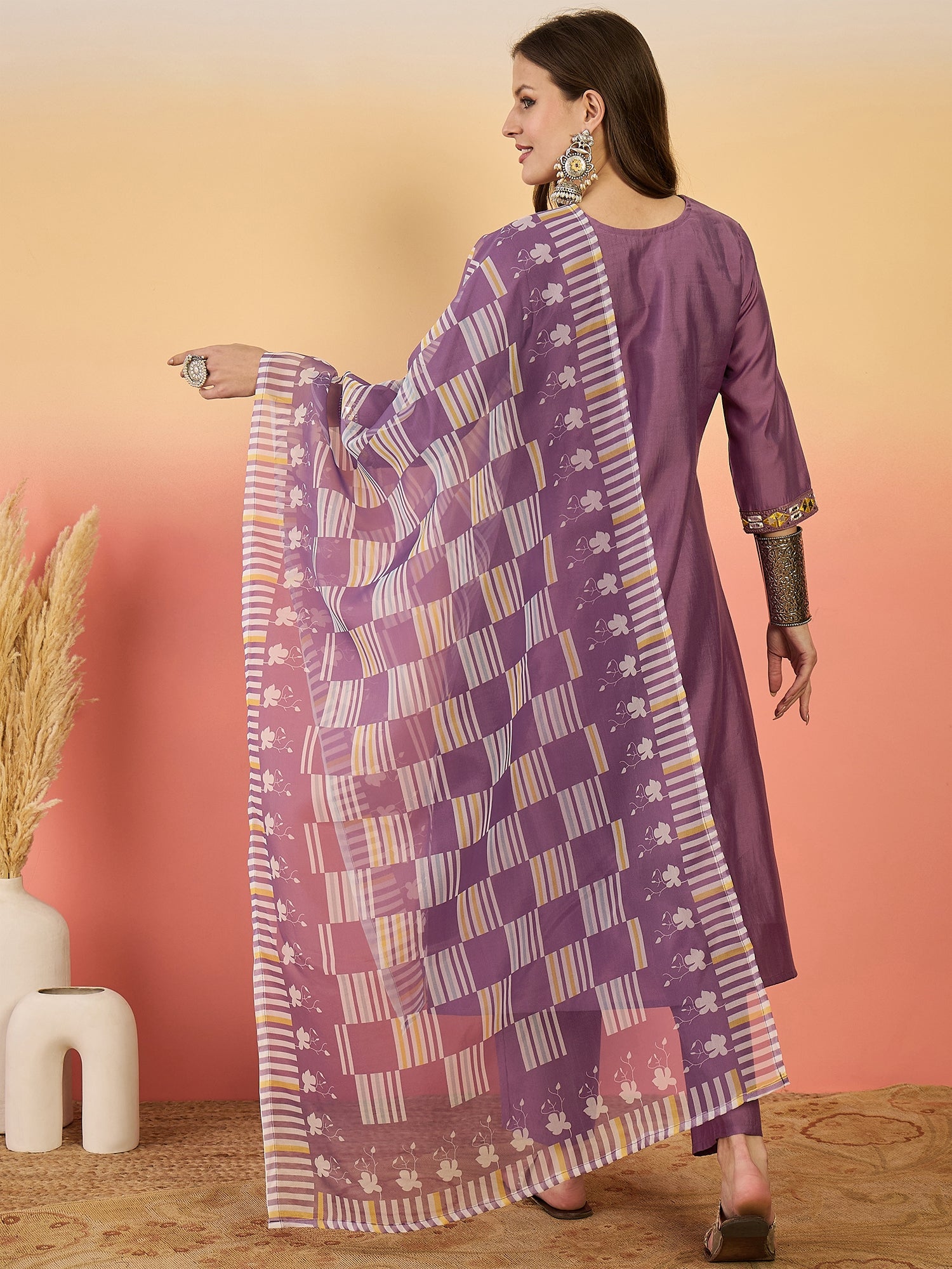 Embroidered Kurta With Trousers & Printed Dupatta