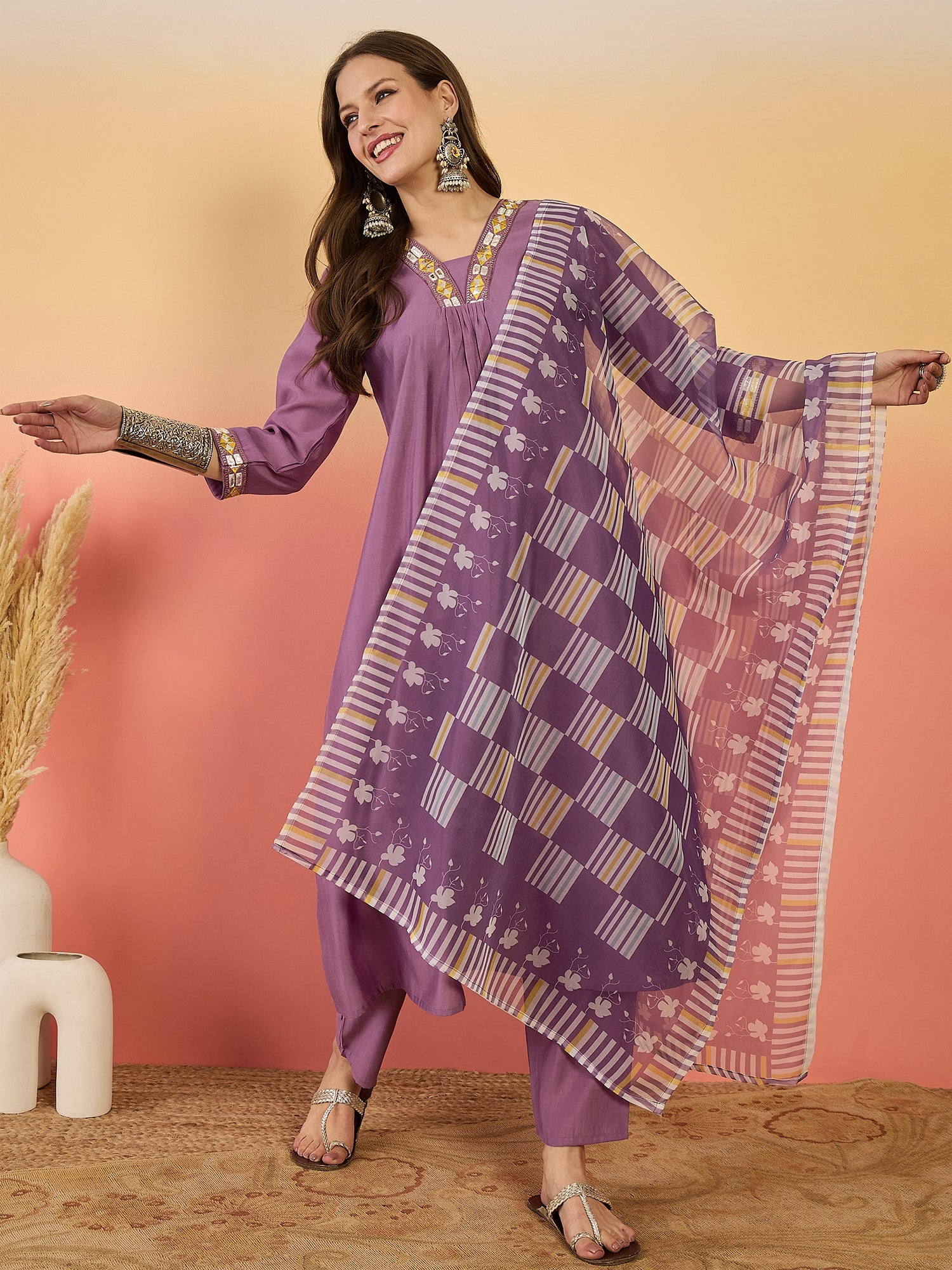 Embroidered Kurta With Trousers & Printed Dupatta