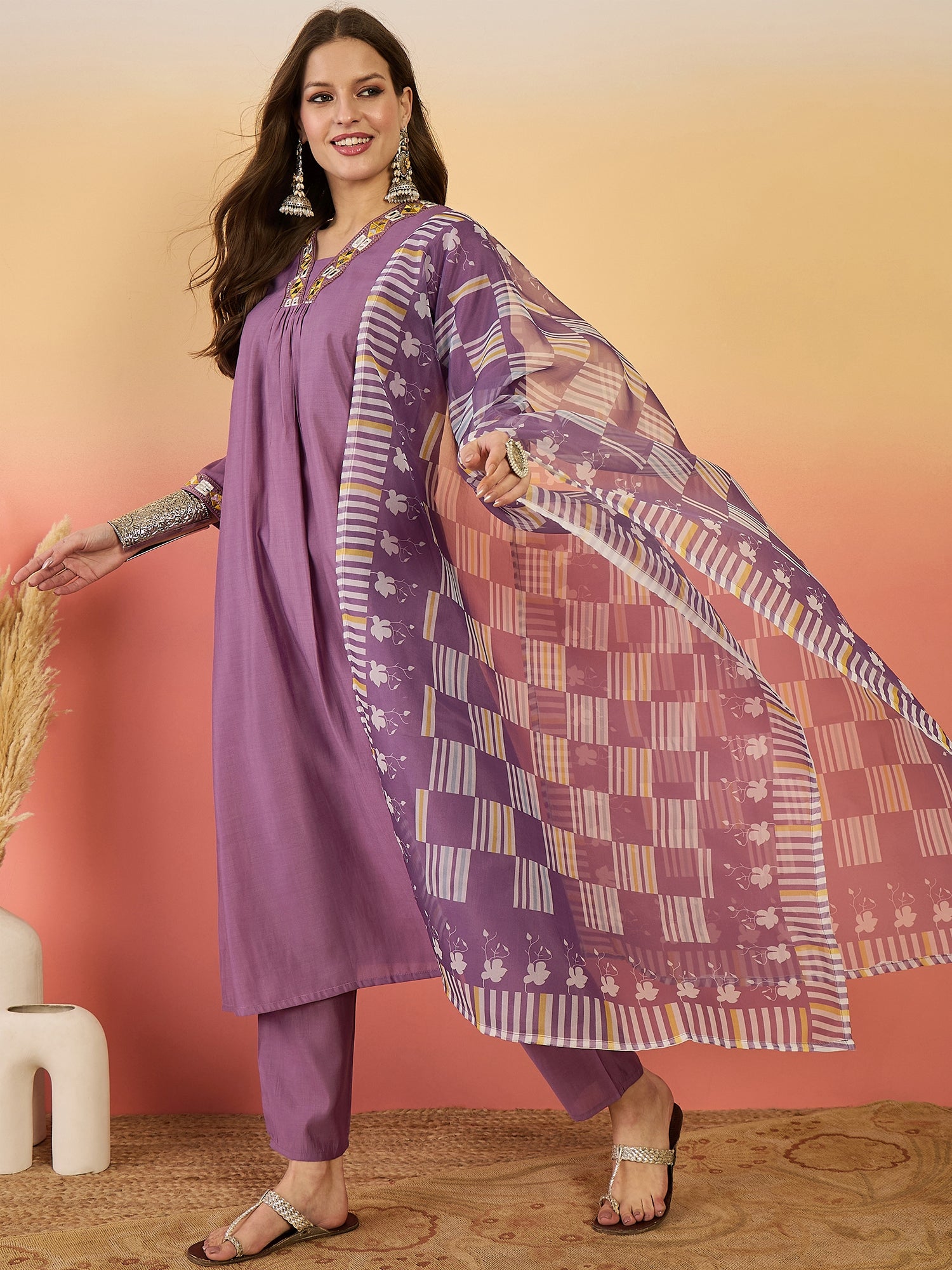 Embroidered Kurta With Trousers & Printed Dupatta