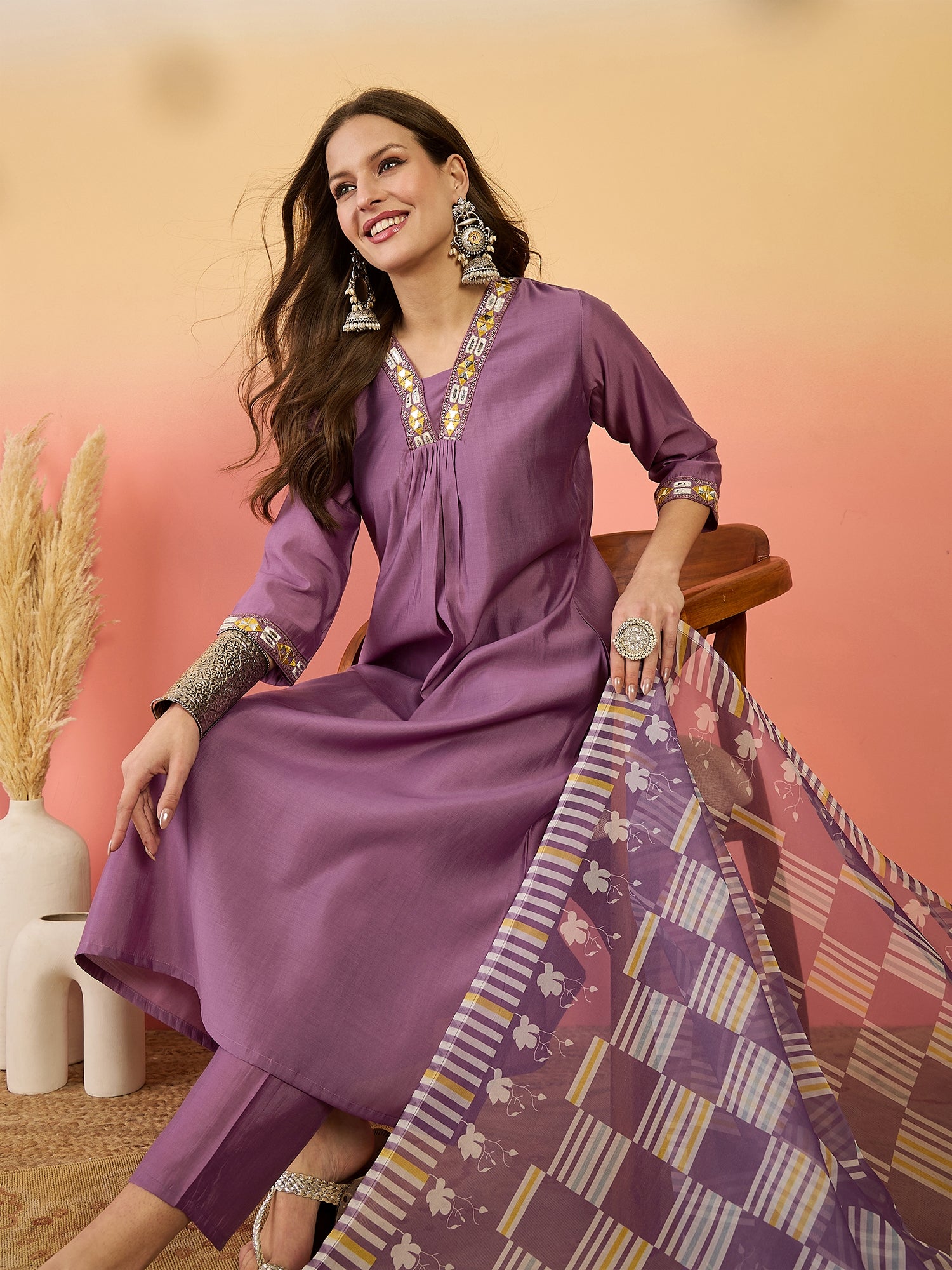 Embroidered Kurta With Trousers & Printed Dupatta