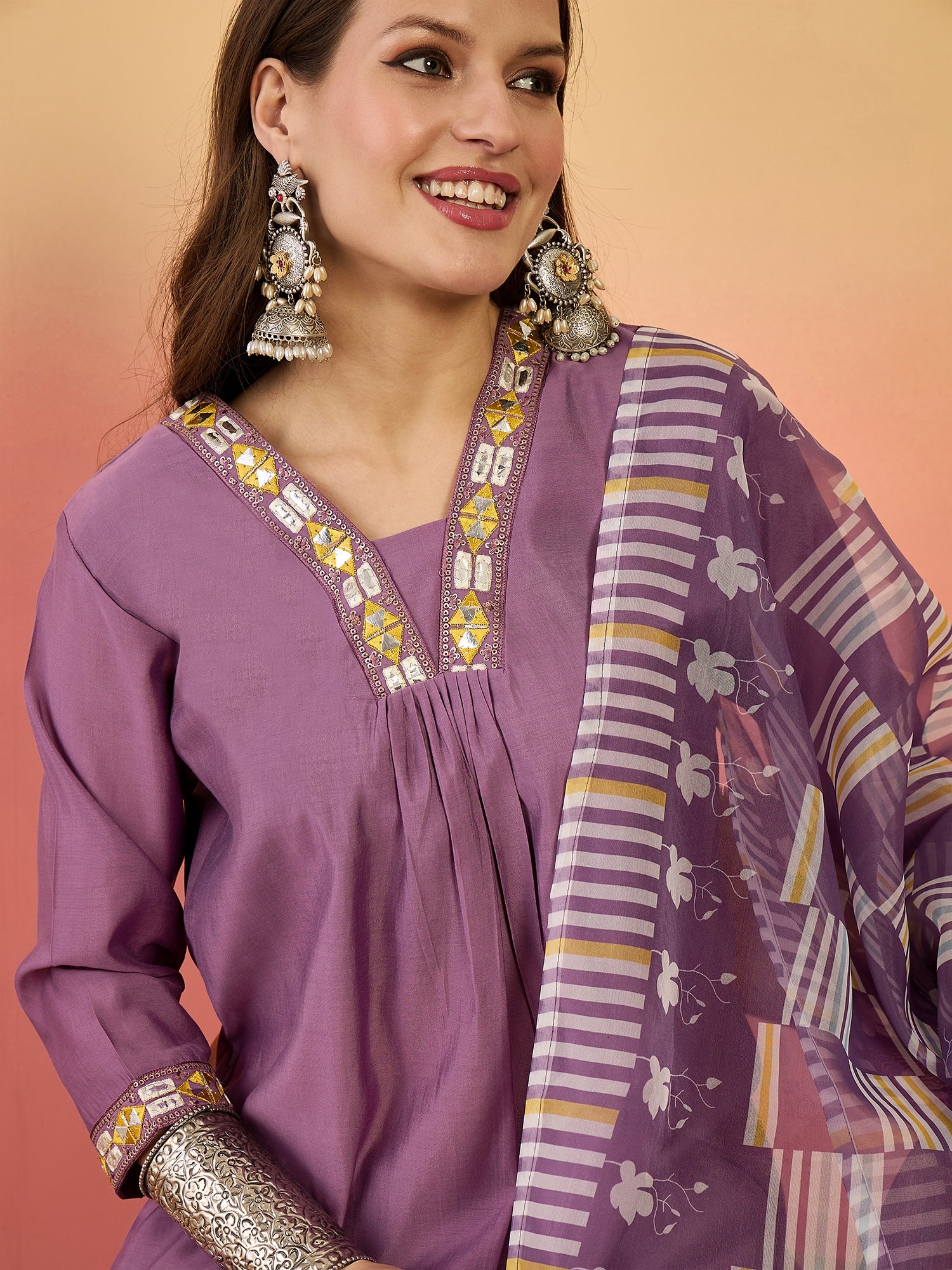 Embroidered Kurta With Trousers & Printed Dupatta