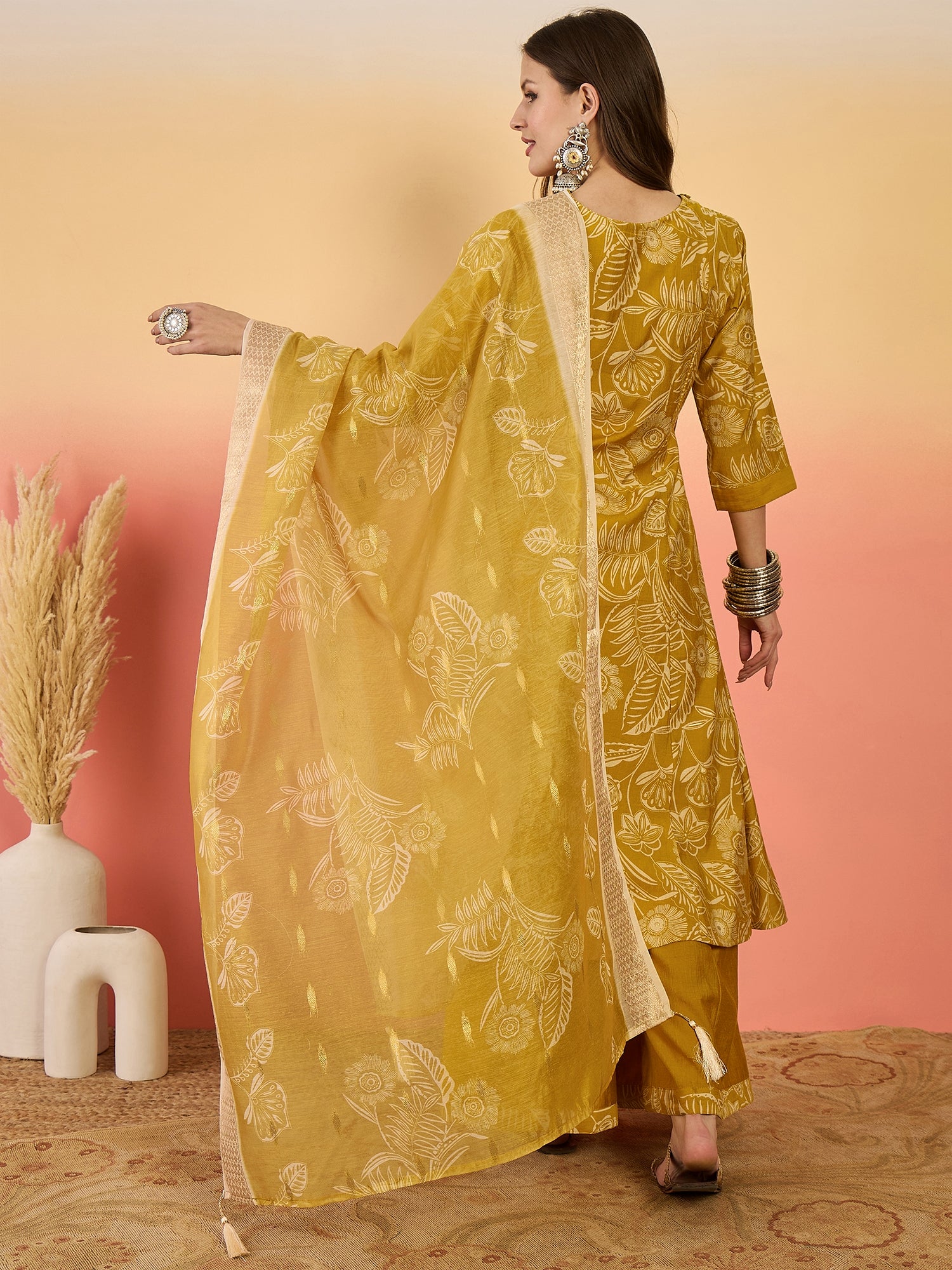 Women Floral Printed & Thread Work Detailed Anarkali Kurta With Palazzo Set