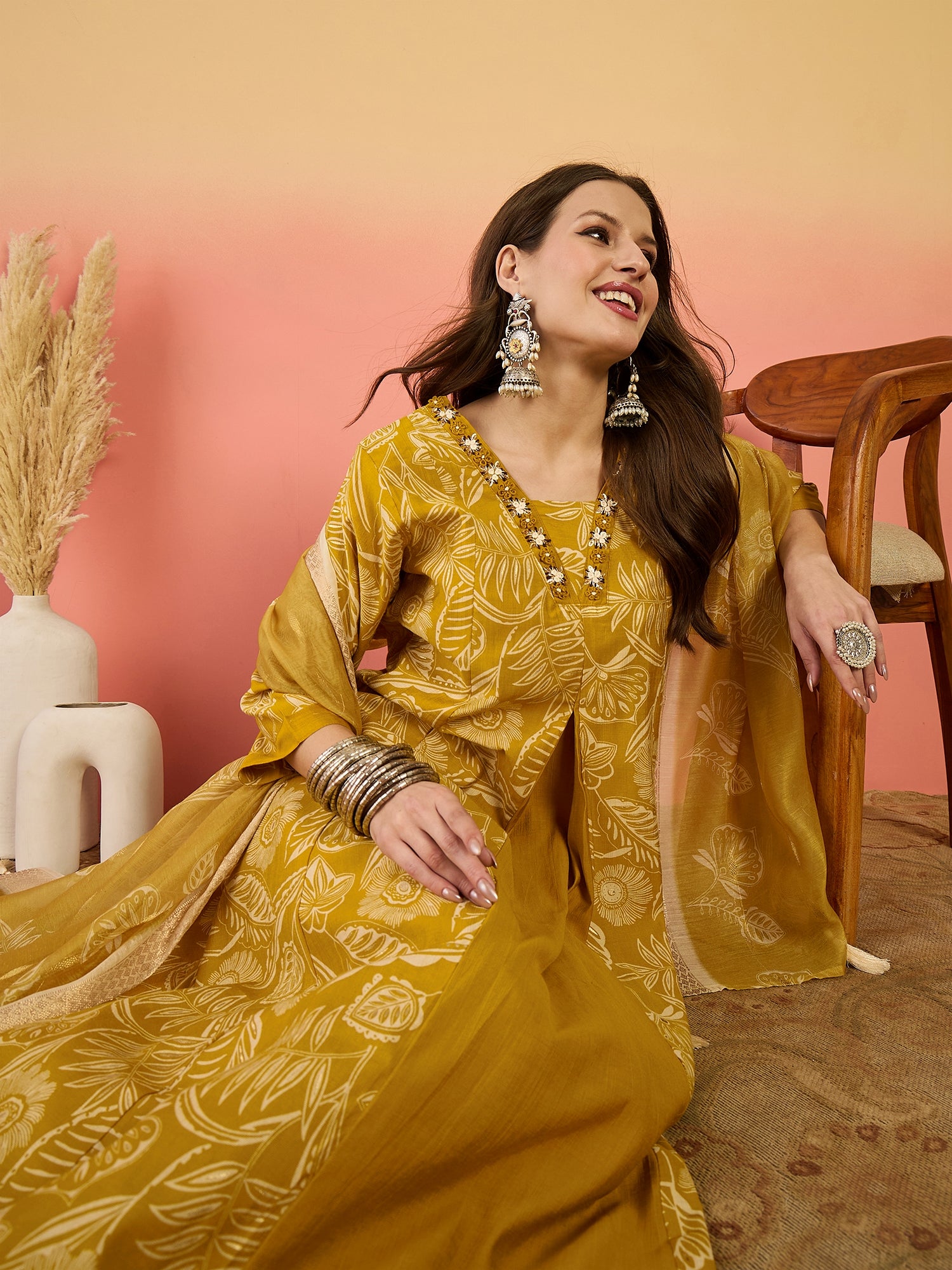 Women Floral Printed & Thread Work Detailed Anarkali Kurta With Palazzo Set