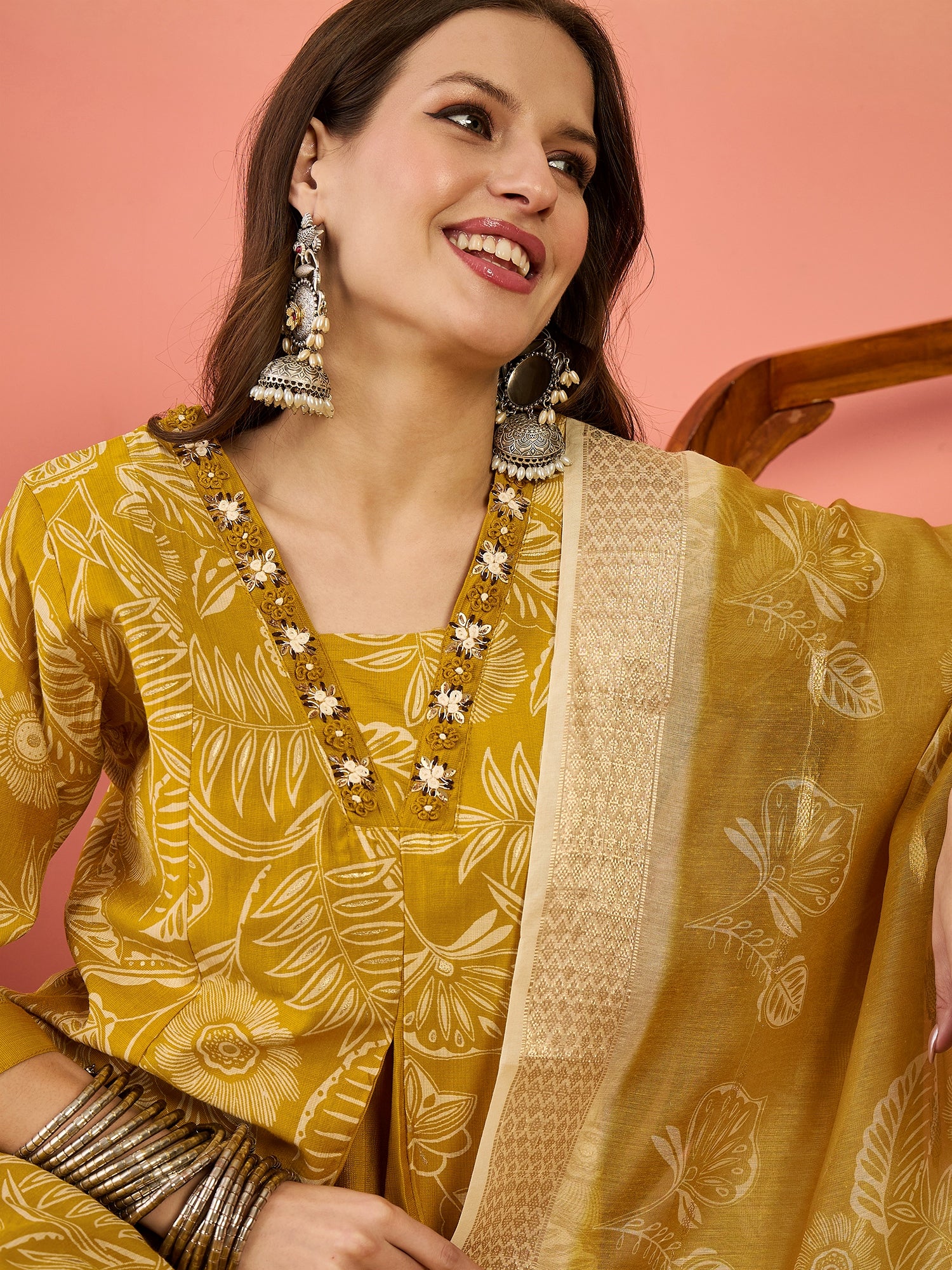 Women Floral Printed & Thread Work Detailed Anarkali Kurta With Palazzo Set