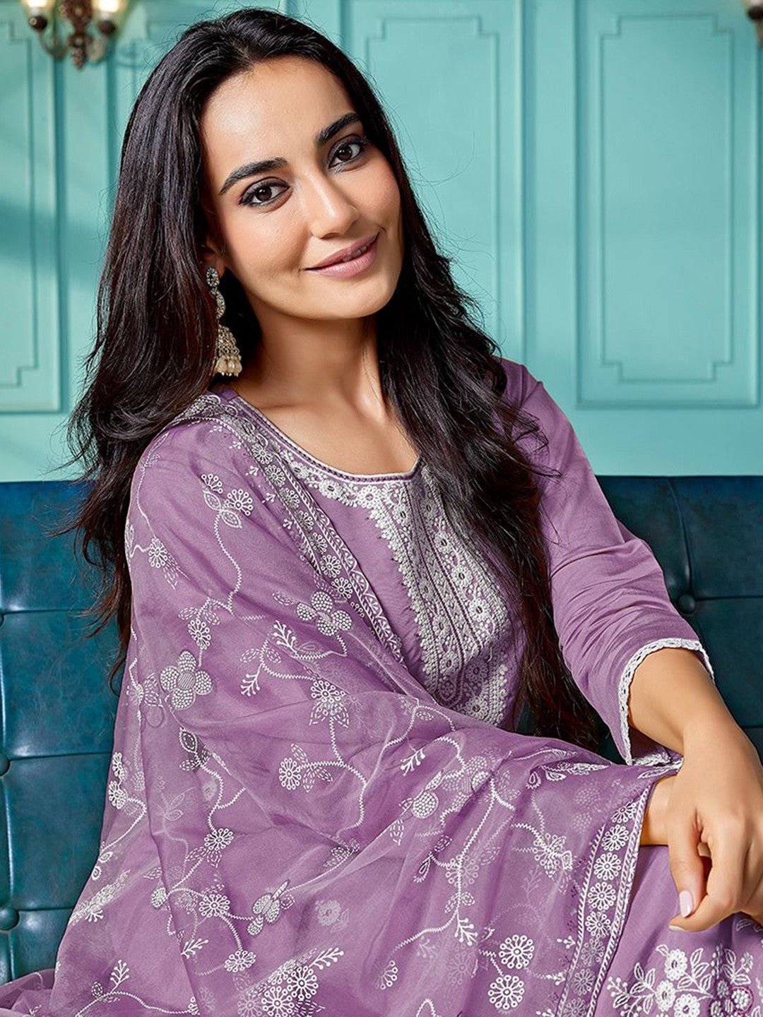 Embroidered A-Line Kuta With Pyjamas & Dupatta
