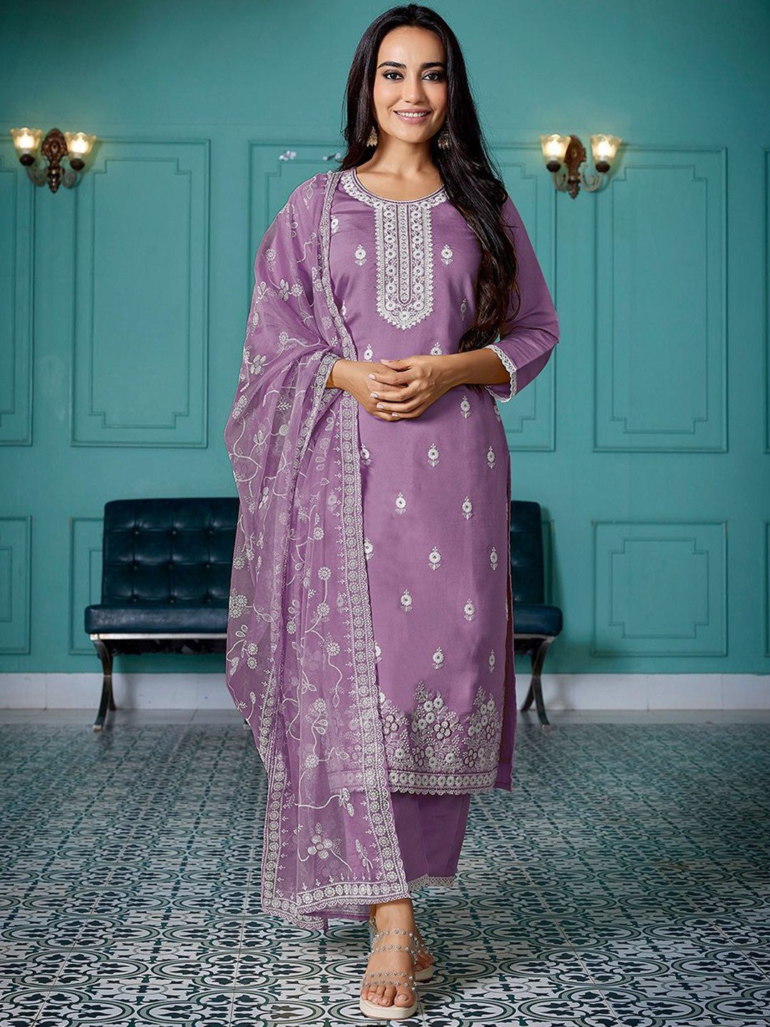 Embroidered A-Line Kuta With Pyjamas & Dupatta