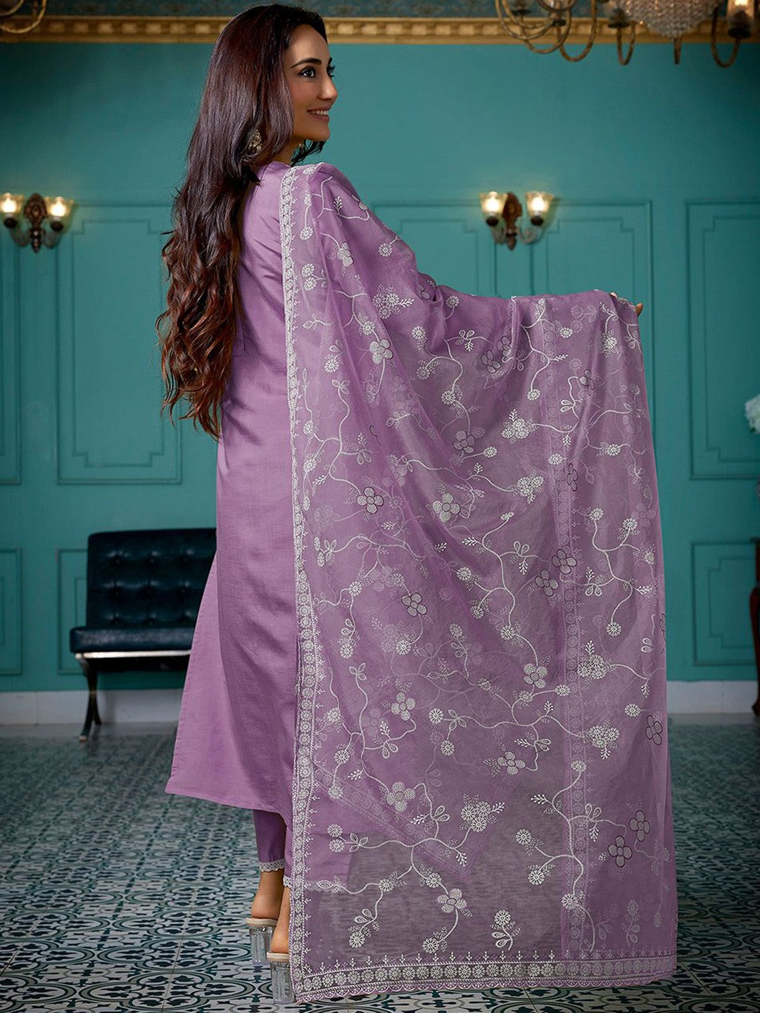 Embroidered A-Line Kuta With Pyjamas & Dupatta
