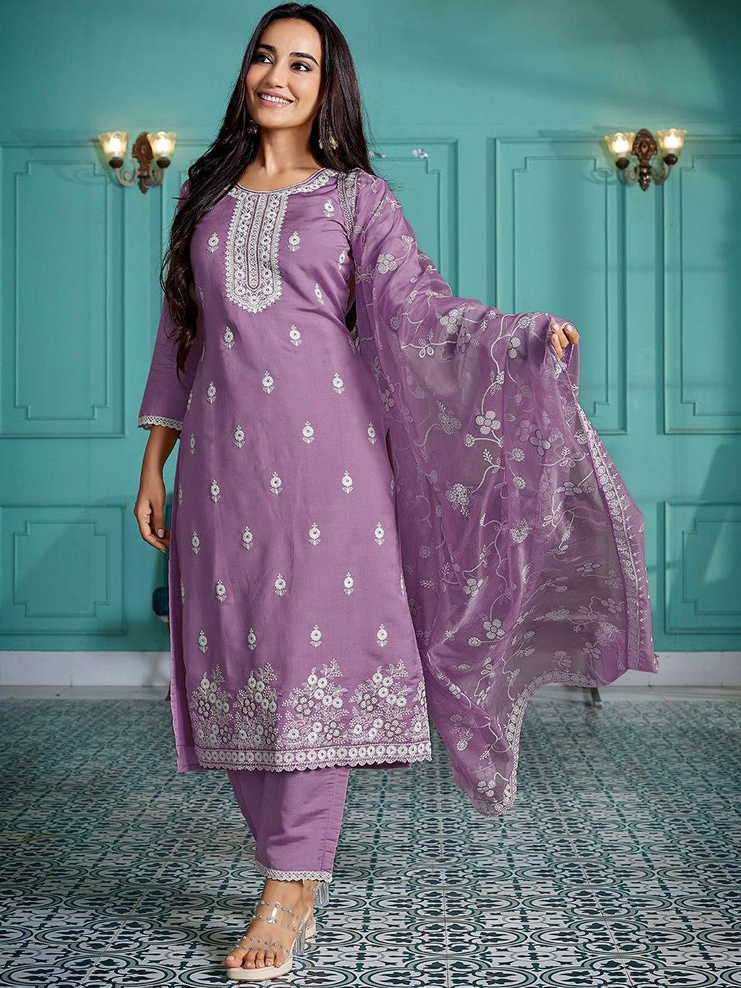 Embroidered A-Line Kuta With Pyjamas & Dupatta