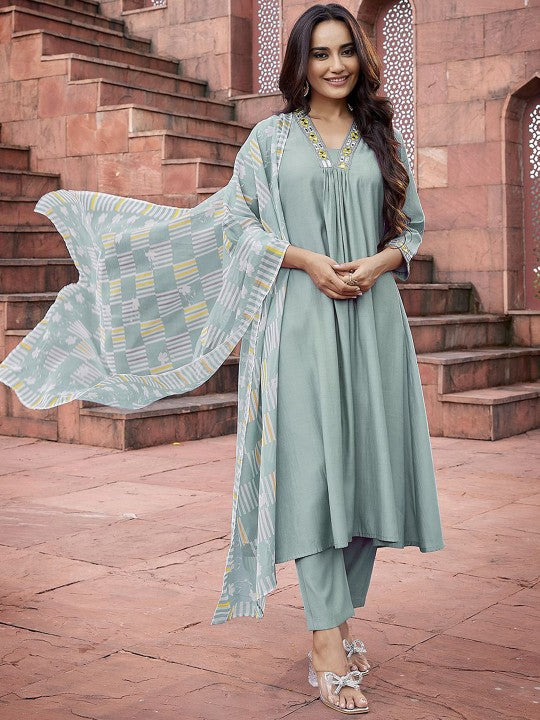 Women Geometric Pleated Mirror Work Kurti with Trousers & With Dupatta