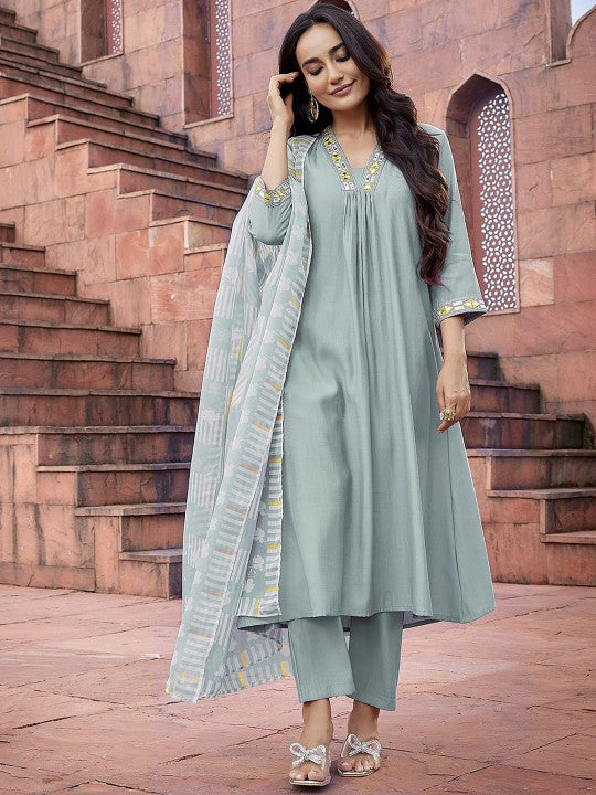 Women Geometric Pleated Mirror Work Kurti with Trousers & With Dupatta