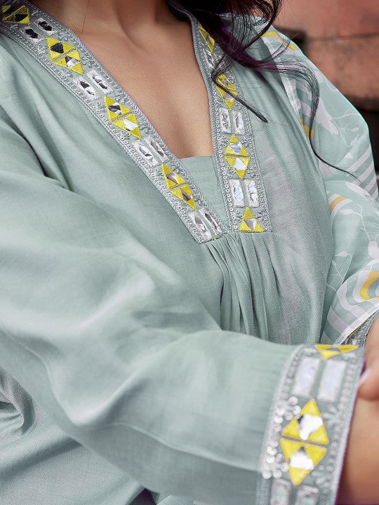 Women Geometric Pleated Mirror Work Kurti with Trousers & With Dupatta