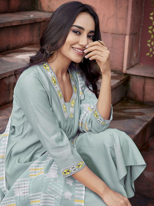 Women Geometric Pleated Mirror Work Kurti with Trousers & With Dupatta