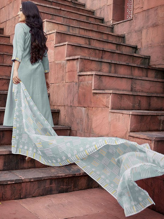 Women Geometric Pleated Mirror Work Kurti with Trousers & With Dupatta