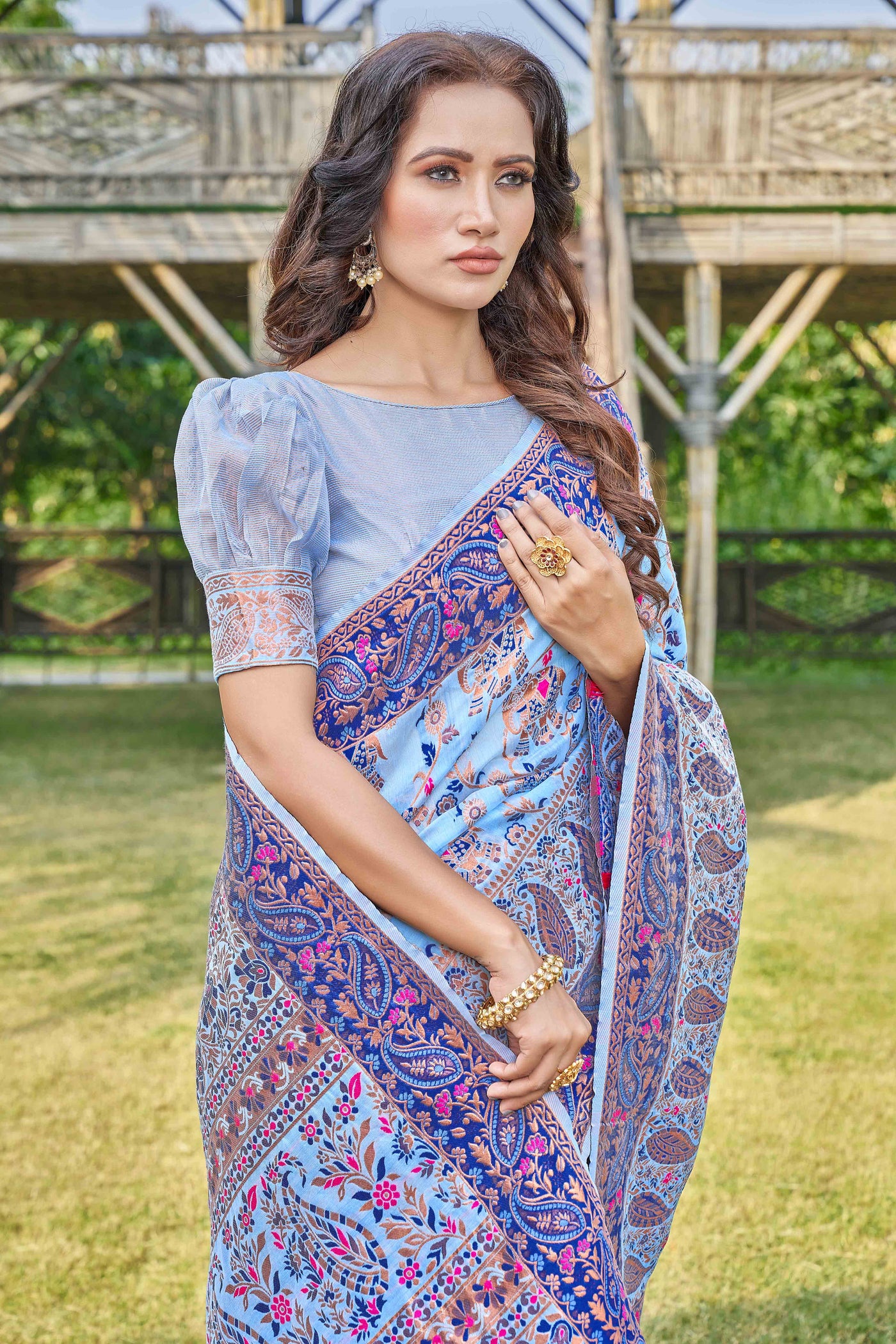 Floral Woven Design Zari Pashmina Saree