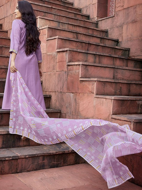 Women Geometric Pleated Mirror Work Kurti with Trousers & With Dupatta