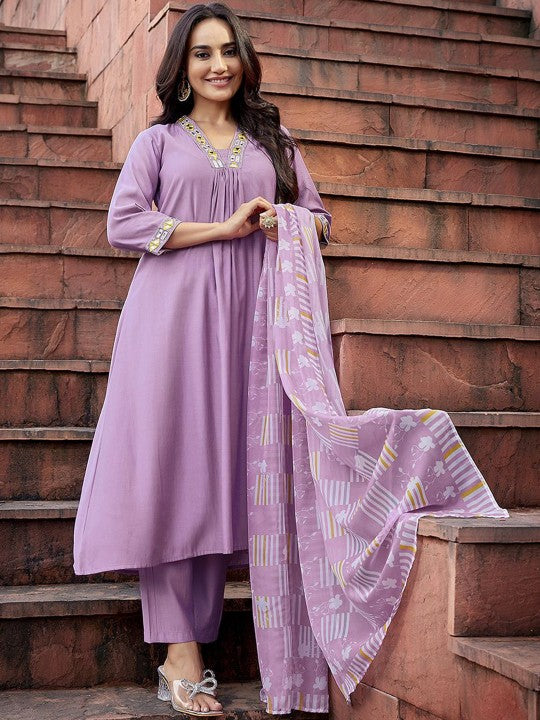 Women Geometric Pleated Mirror Work Kurti with Trousers & With Dupatta