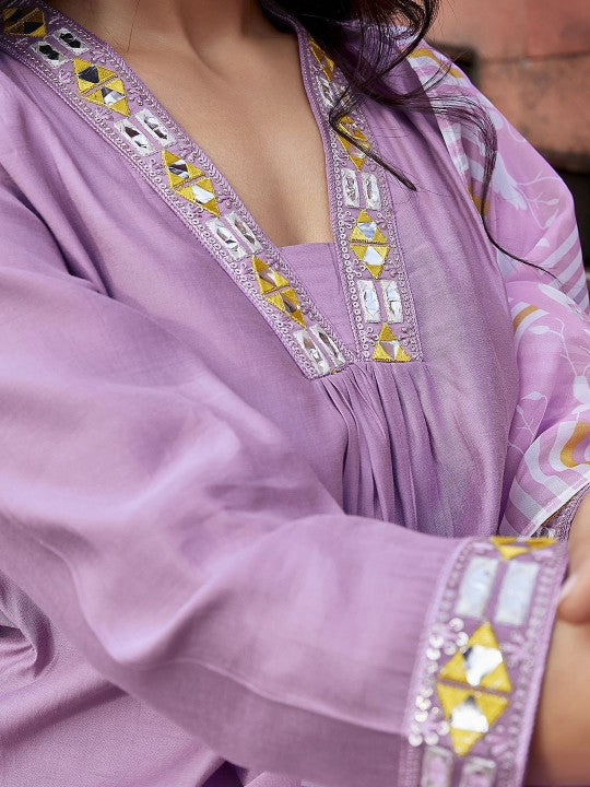 Women Geometric Pleated Mirror Work Kurti with Trousers & With Dupatta