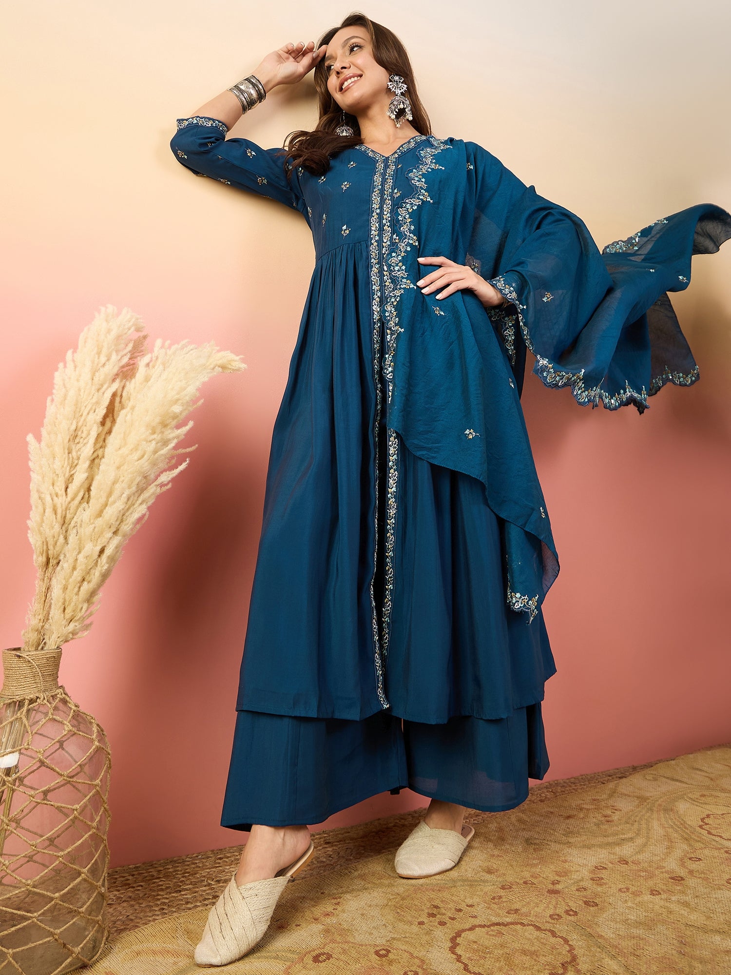 Embroidered Thread Work Pure Silk Kurti With Palazzos & Dupatta