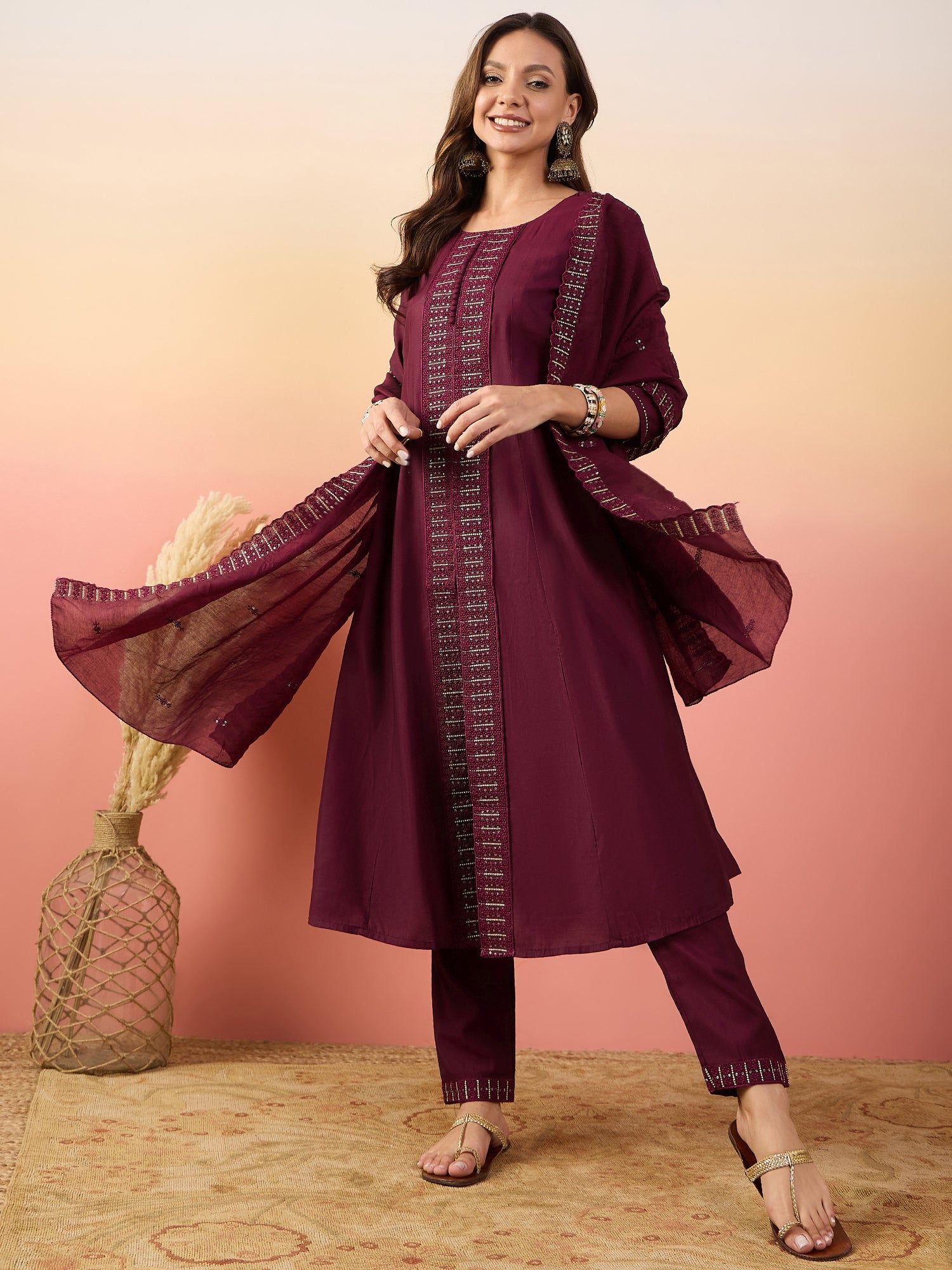 Embroidered Straight Sequinned Pure Silk A-Line Kurti Set