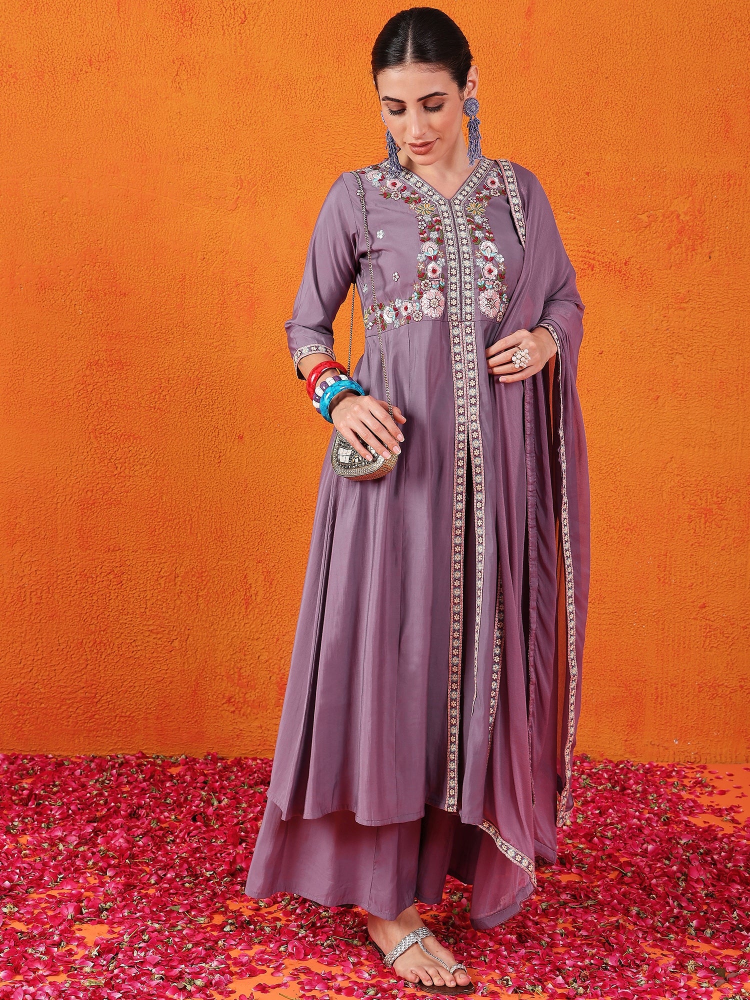 Embroidered Hand Work  Silk Kurti With Palazzos & Dupatta
